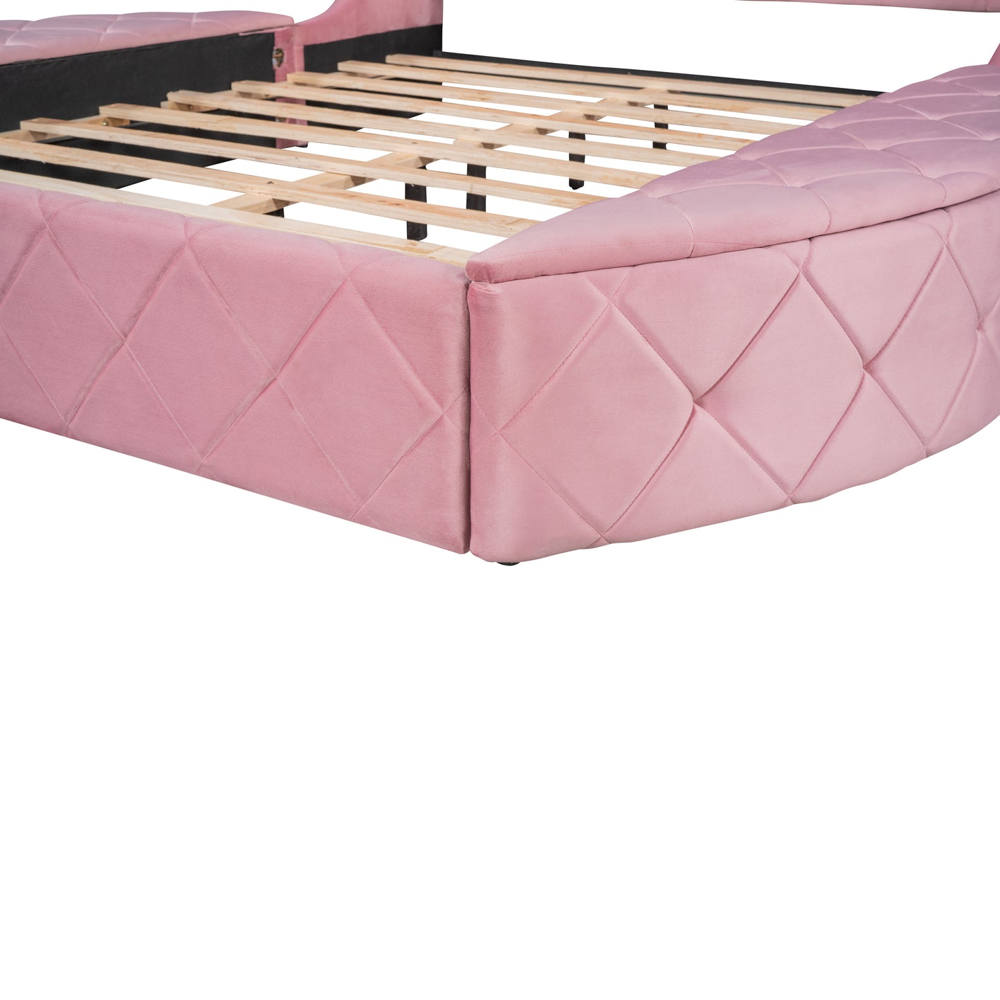Upholstered Platform Bed Queen Size Storage Velvet Bed with Wingback Headboard and 1 Big Drawer,2 Side Storage Stool(Pink)