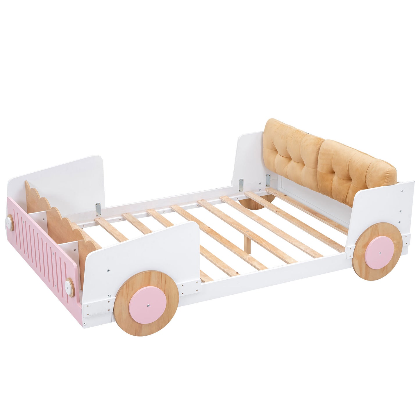 Full size Car-shaped platform bed with Soft cushion and shelves on the footboard, White