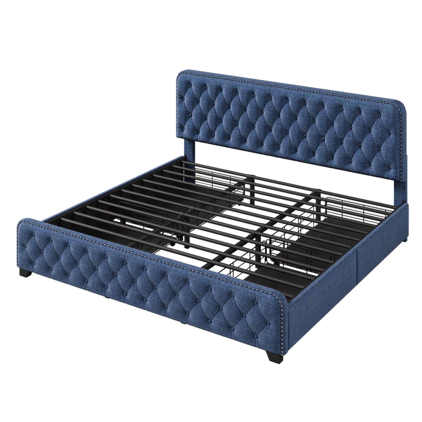 Upholstered Platform Bed Frame with Four Drawers, Button Tufted Headboard and Footboard Sturdy Metal Support, No Box Spring Required, Blue, King