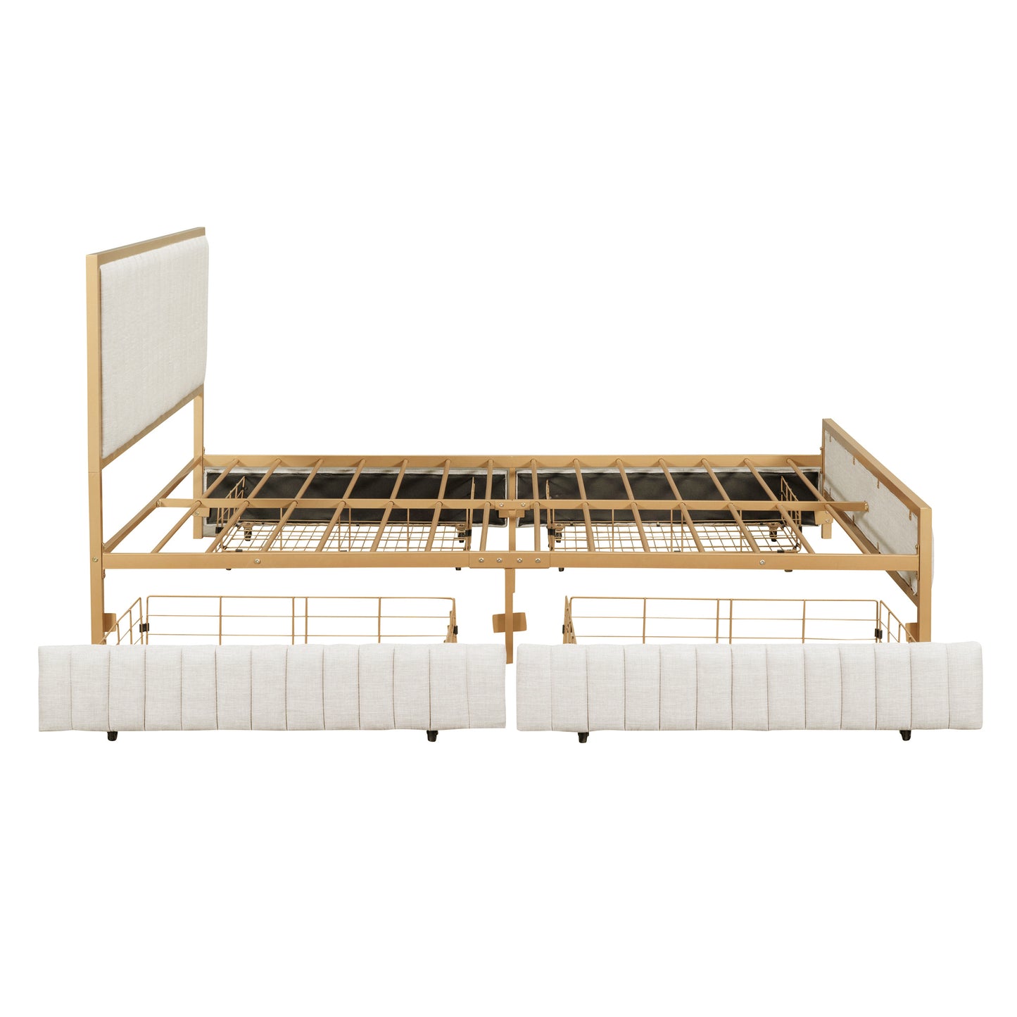 Queen Size Metal Frame Upholstered Platform Bed with 4 Drawers, Linen Fabric, Beige