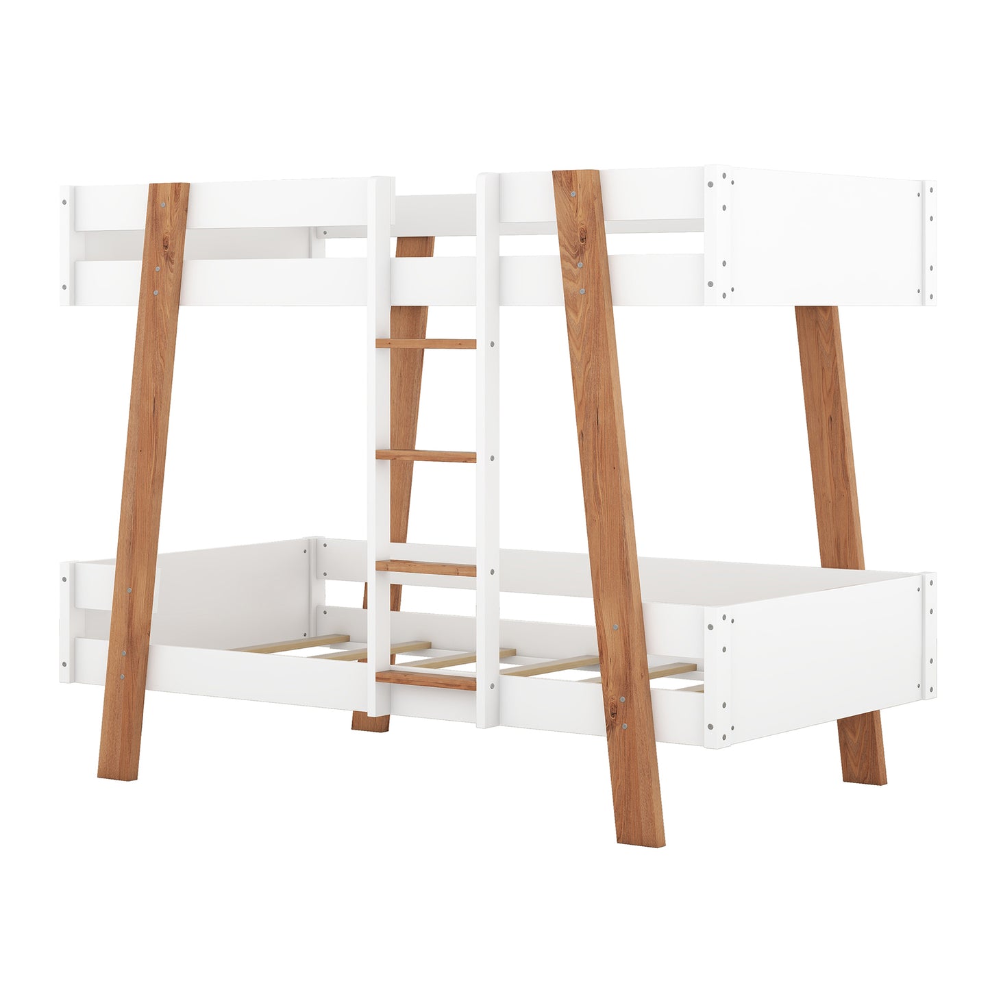 Wood Twin Size Bunk Bed with Built-in Ladder and 4 Wood Color Columns, White