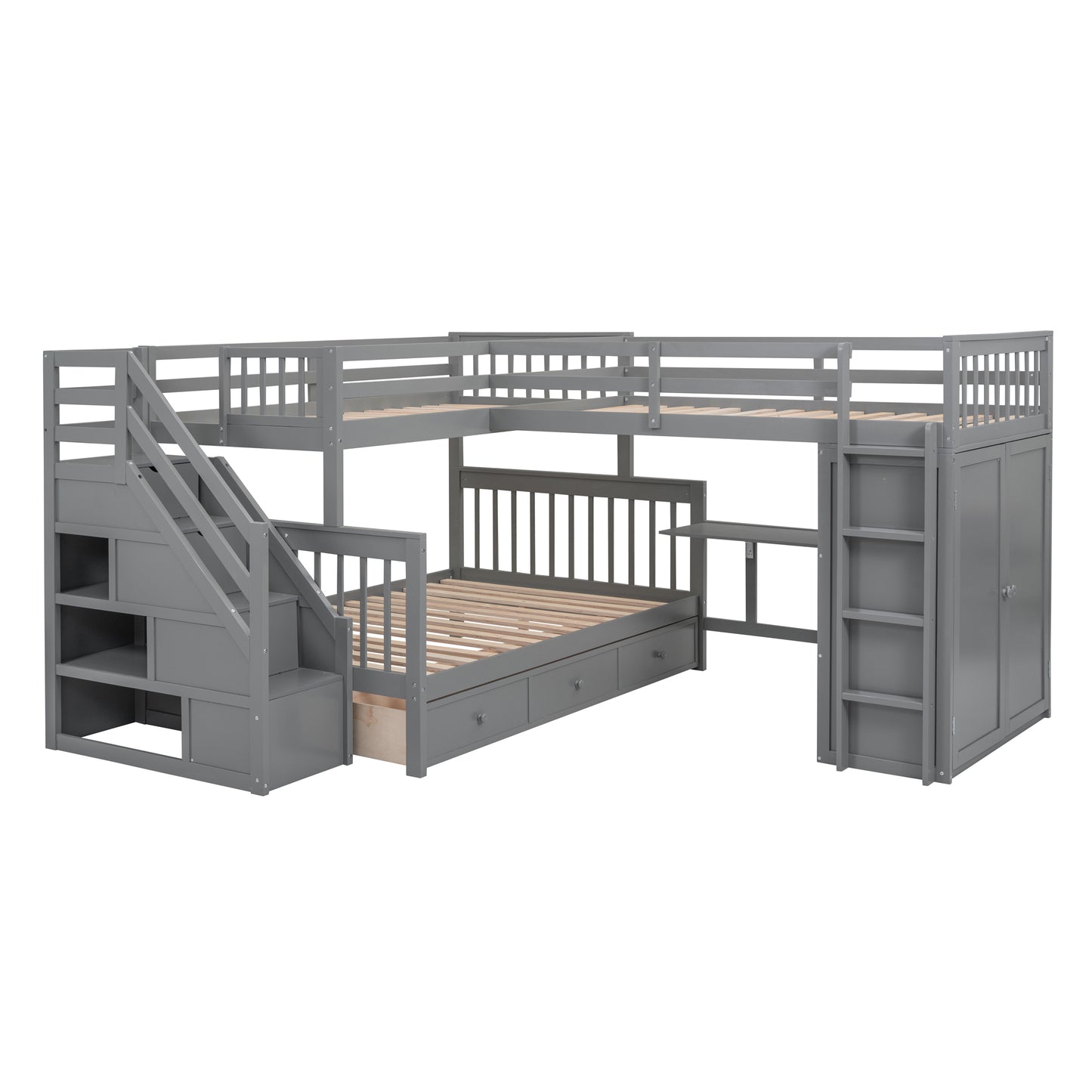 Twin-Twin over Full L-Shaped Bunk Bed With 3 Drawers, Portable Desk and Wardrobe, Gray