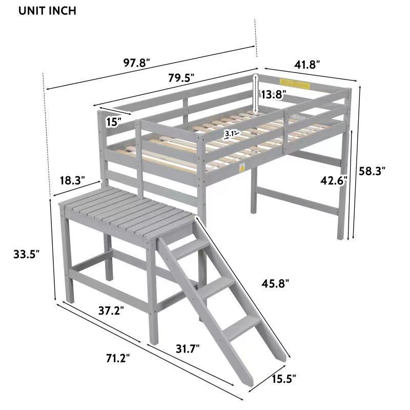 Twin Loft Bed with Platform,ladder,Grey