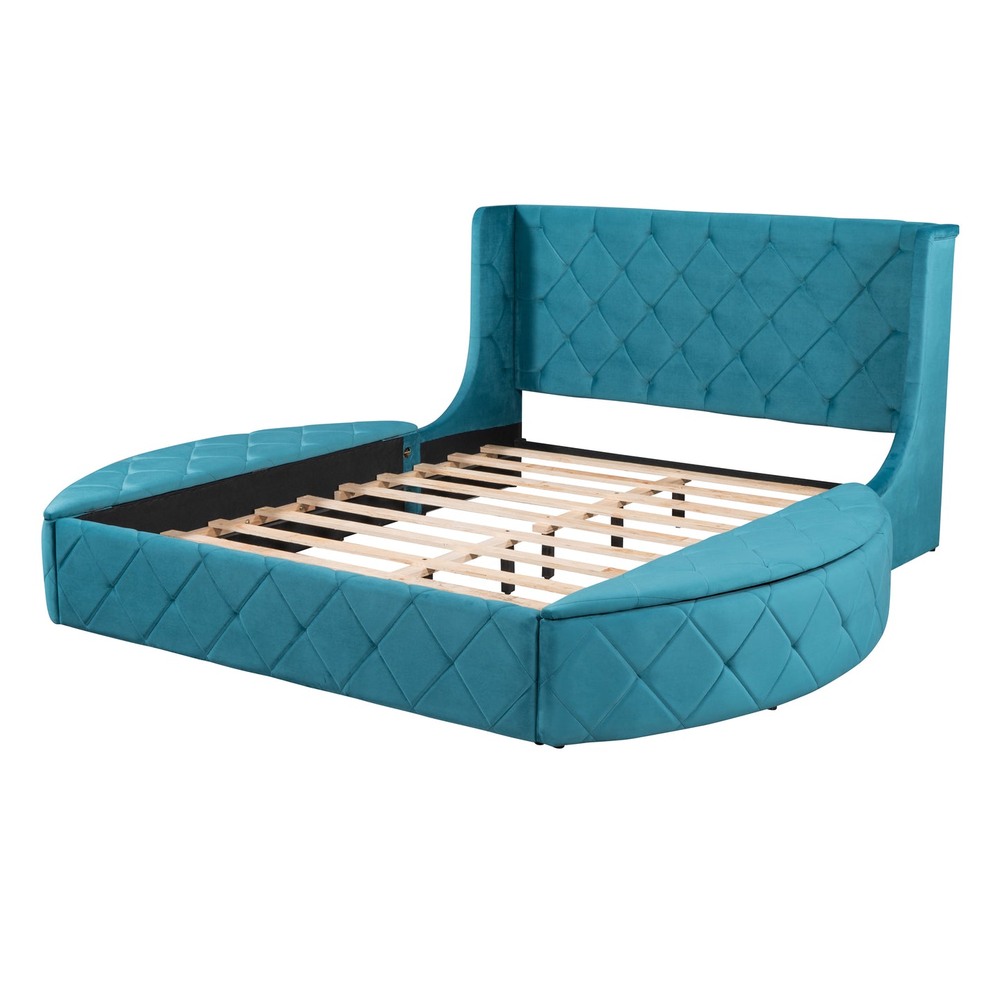 Upholstered Platform Bed Queen Size Storage Velvet Bed with Wingback Headboard and 1 Big Drawer,2 Side Storage Stool(Blue)