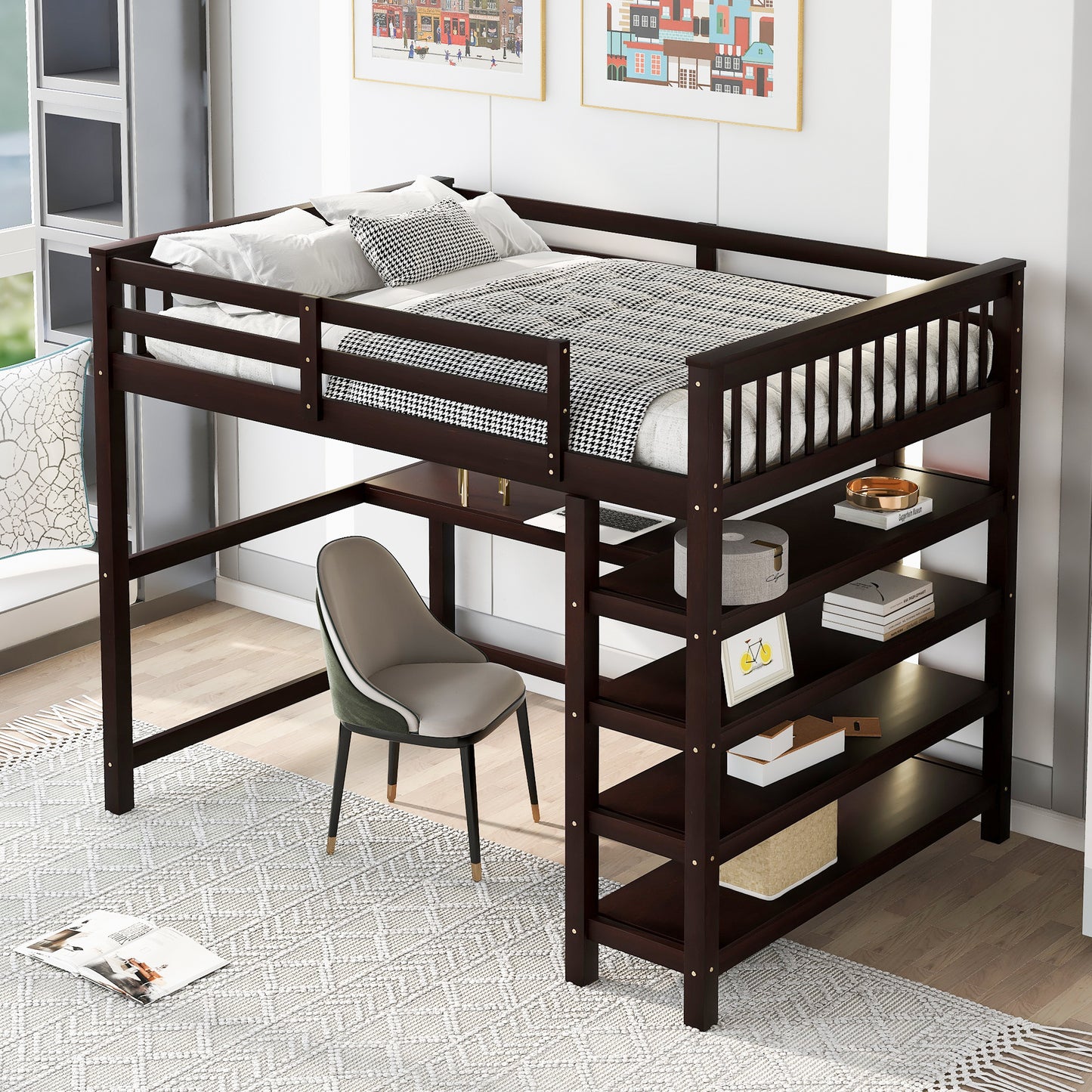 Full Size Loft Bed with Storage Shelves and Under-bed Desk, Espresso
