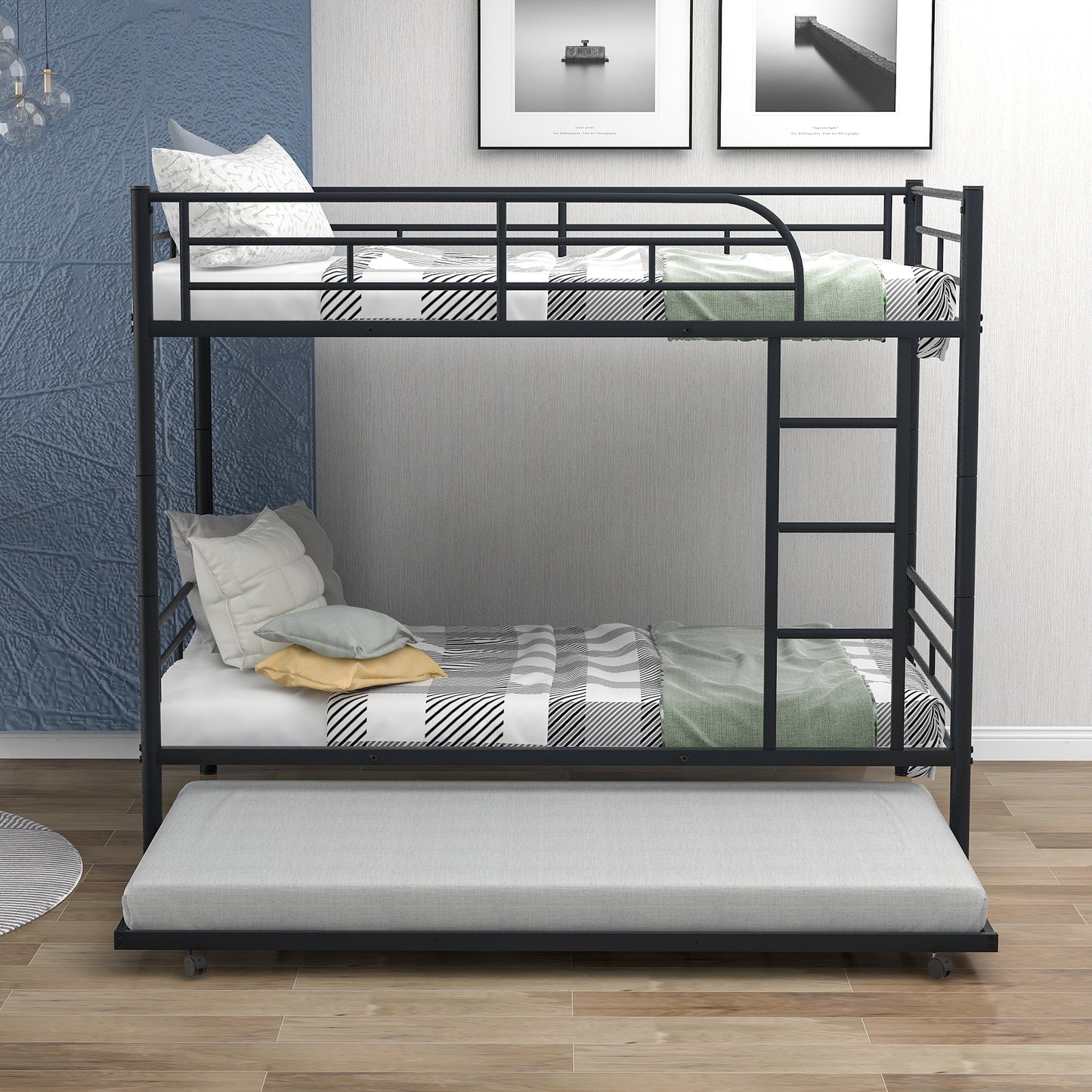 Twin-Over-Twin Metal Bunk Bed With Trundle,Can be Divided into two beds,No Box Spring needed ,Black