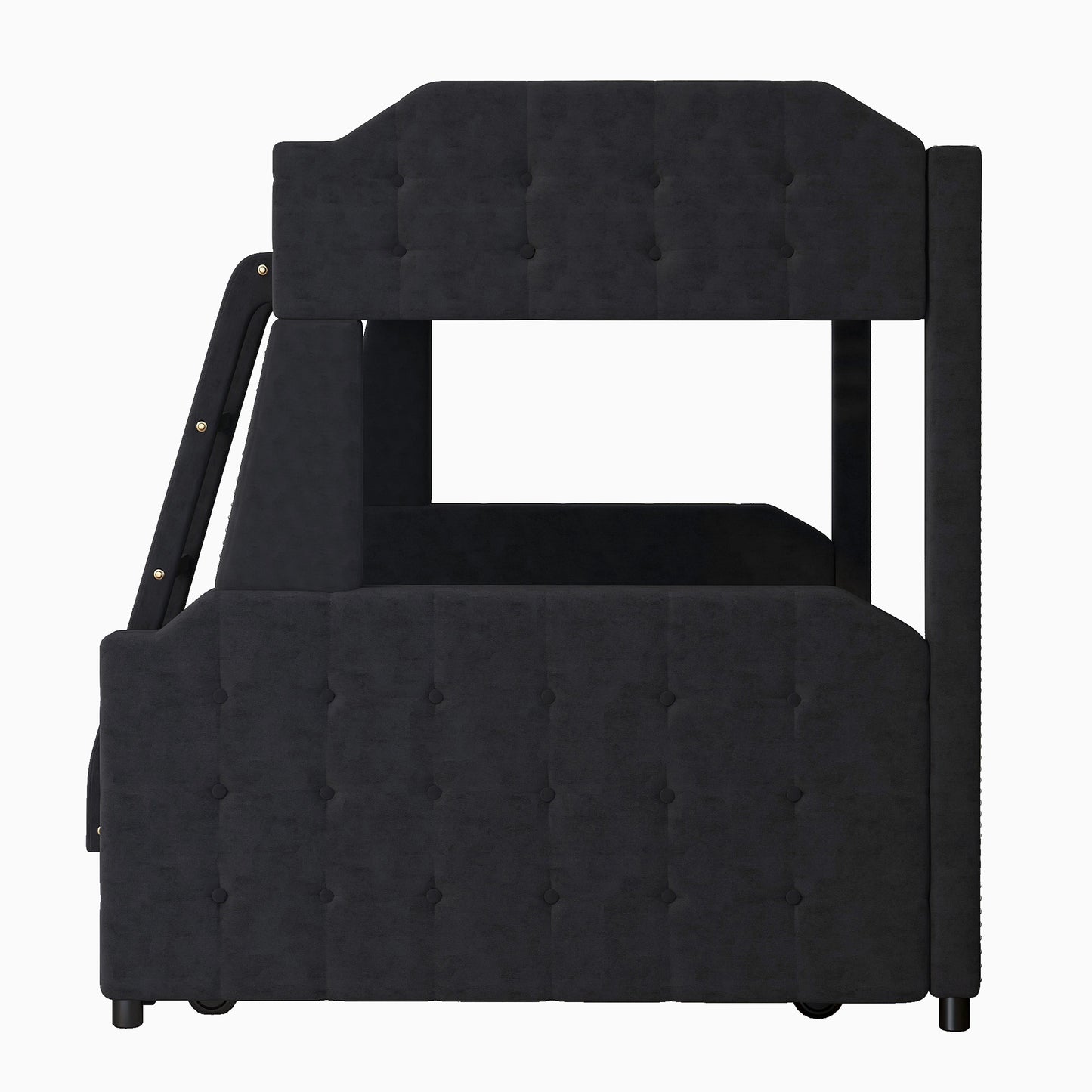 Twin over Full Upholstered Bunk Bed with Trundle and Ladder,Tufted Button Design,Black