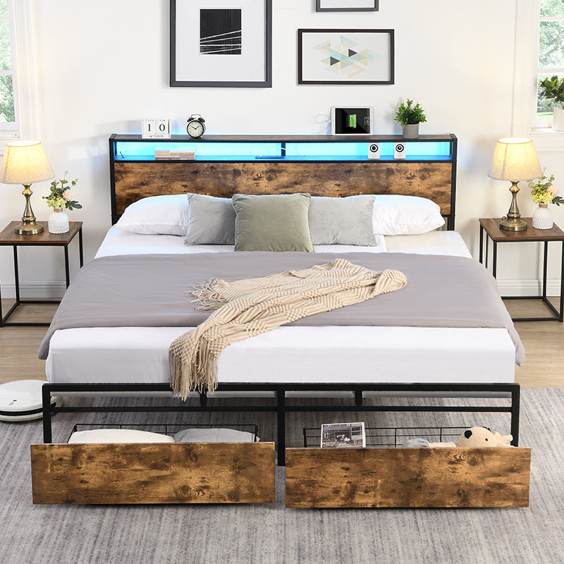 Full Platform Bed Frame, Storage Headboard with Charging Station, Solid and Stable, Noise Free, No Box Spring Needed, Easy Assembly