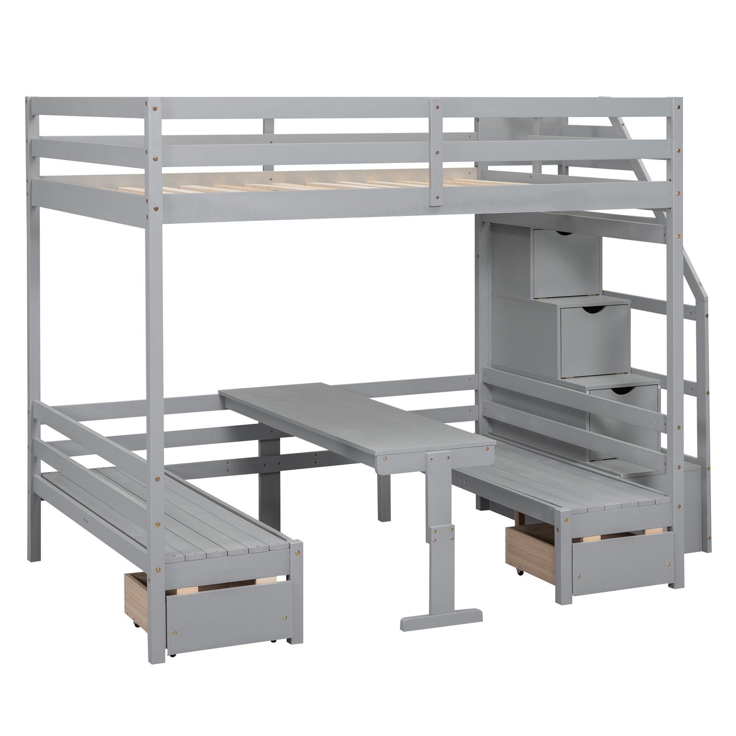 Full over Full Size Bunk with staircase,the Down Bed can be Convertible to Seats and Table Set,Gray