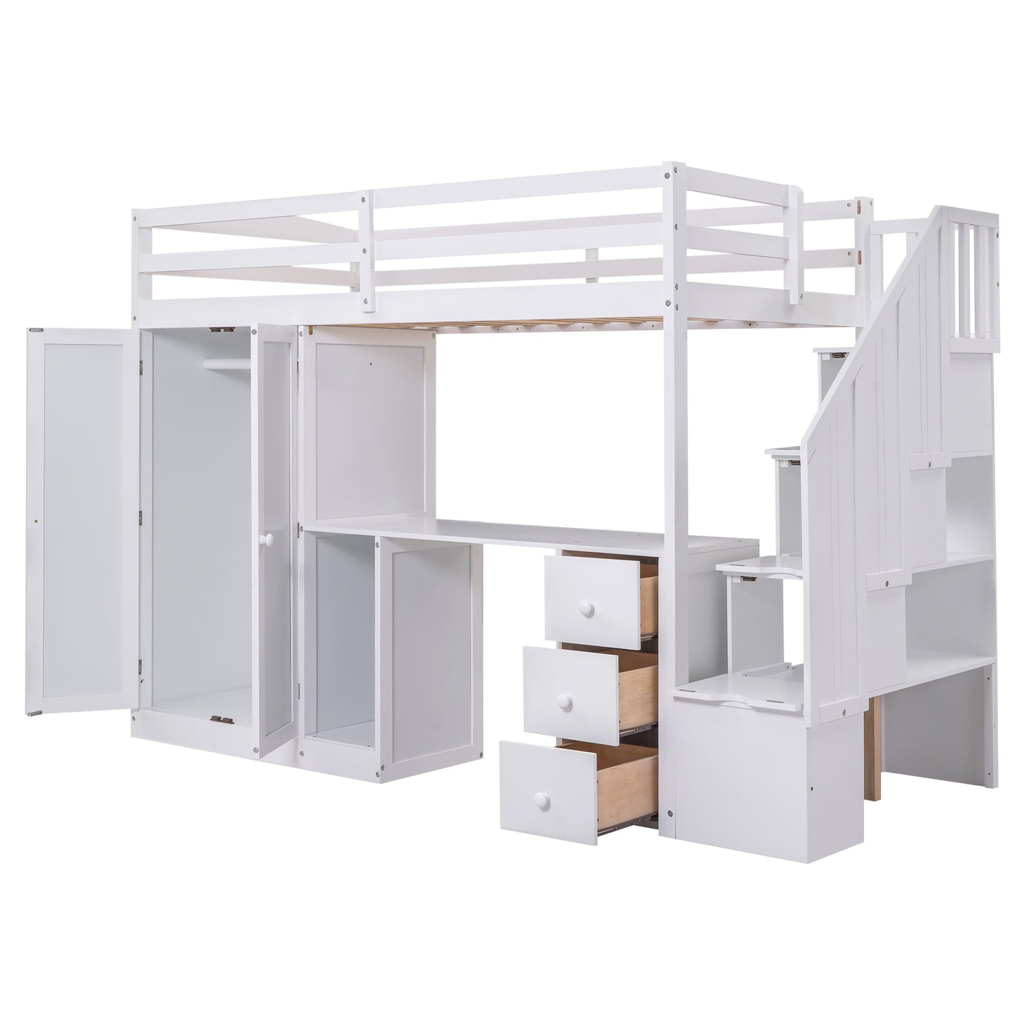 Twin Size Loft Bed with Wardrobe and Staircase, Desk and Storage Drawers and Cabinet in 1, White
