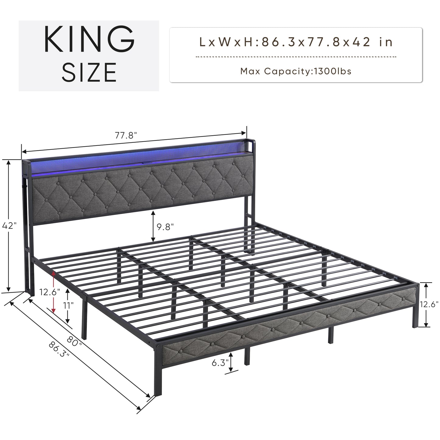 King Bed Frame with Storage Headboard, Charging Station and LED Lights, Upholstered Platform Bed with Heavy Metal Slats, No Box Spring Needed, Noise Free, Easy Assembly, Dark Gray