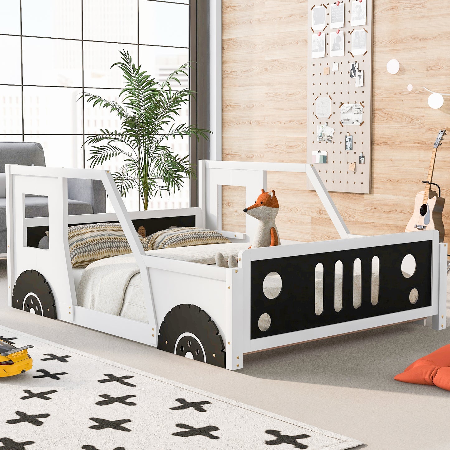 Full Size Classic Car-Shaped Platform Bed with Wheels,White