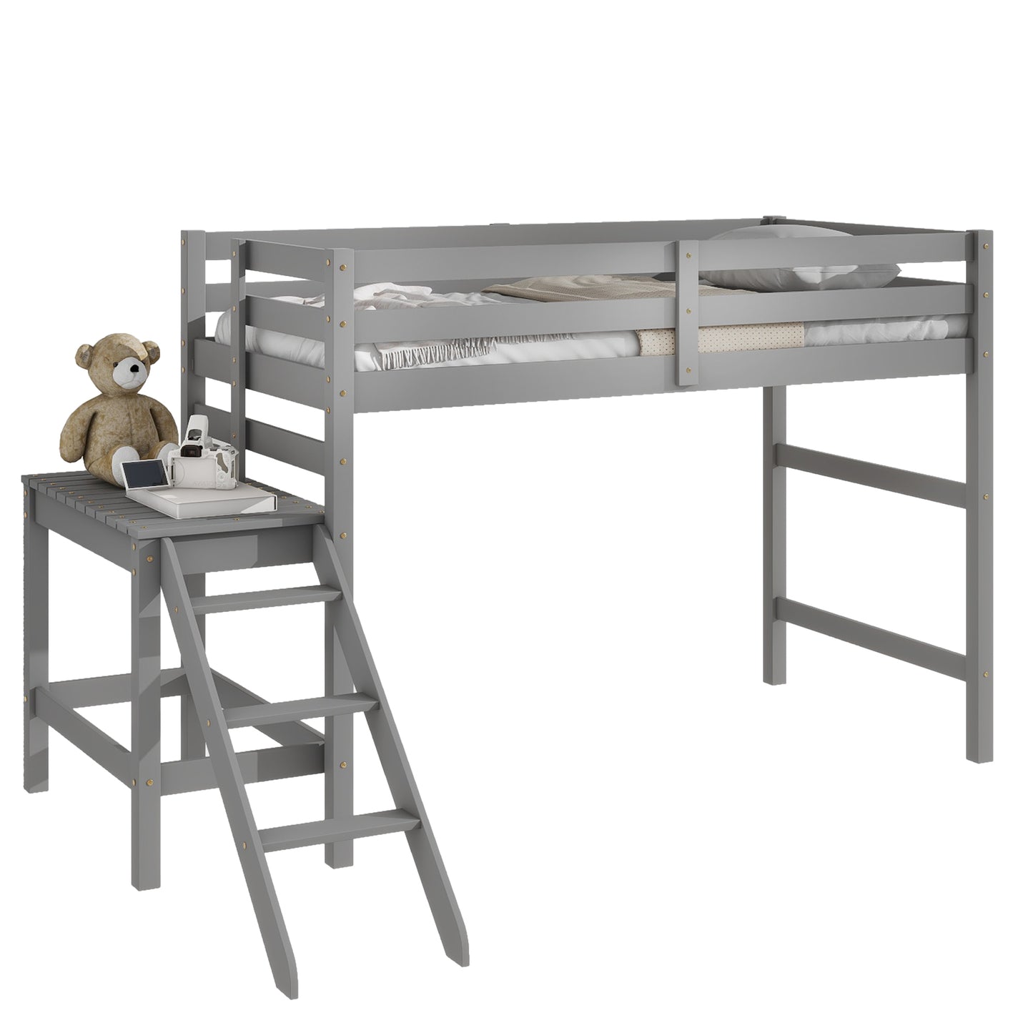 Twin Loft Bed with Platform,ladder,Grey