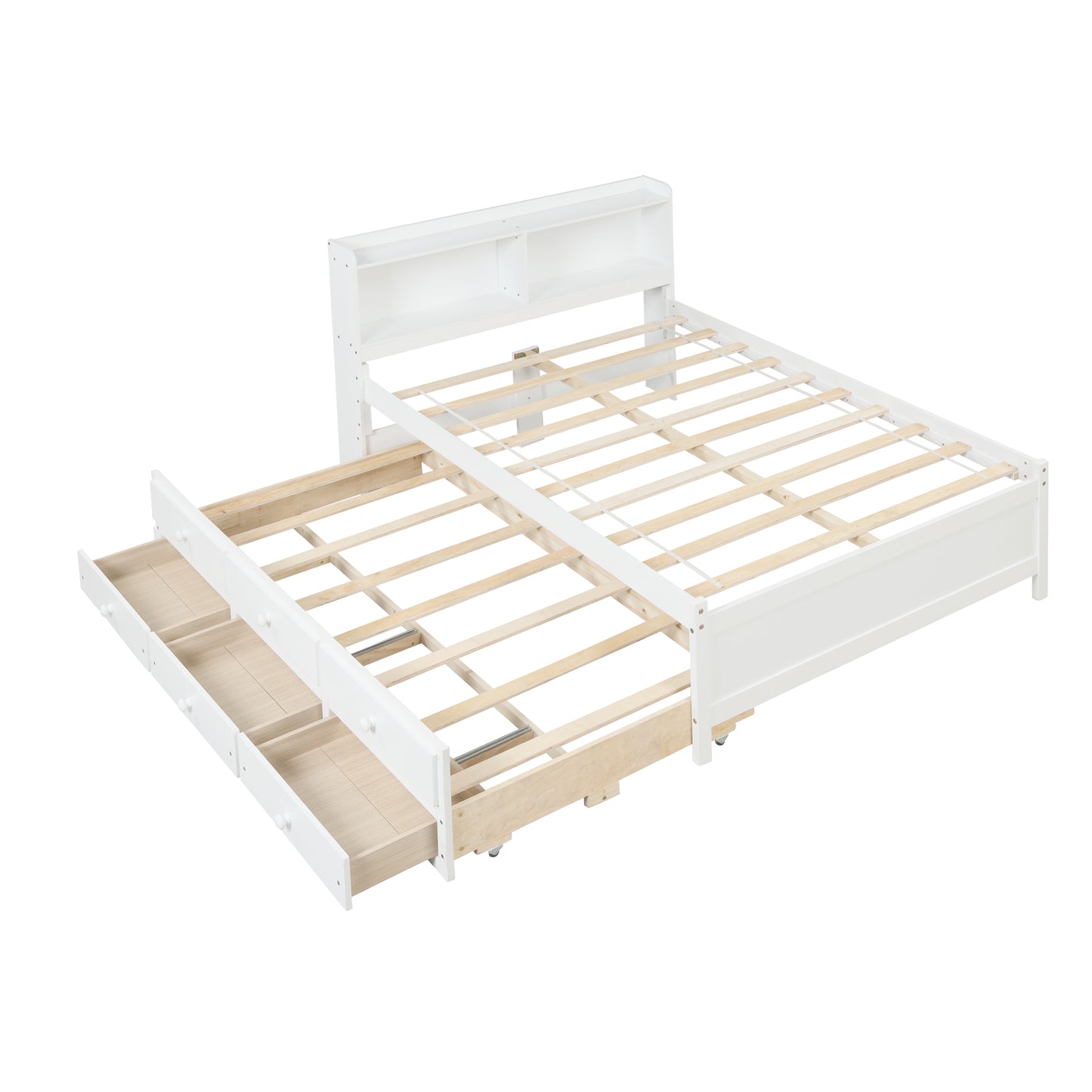 Full Platform Bed with Drawers, Bookcase and Twin Trundle, White