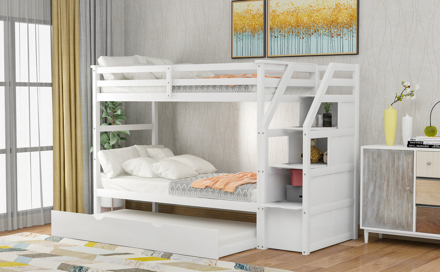 Twin-Over-Twin Bunk Bed with Twin Size Trundle and 3 Storage Stairs,White