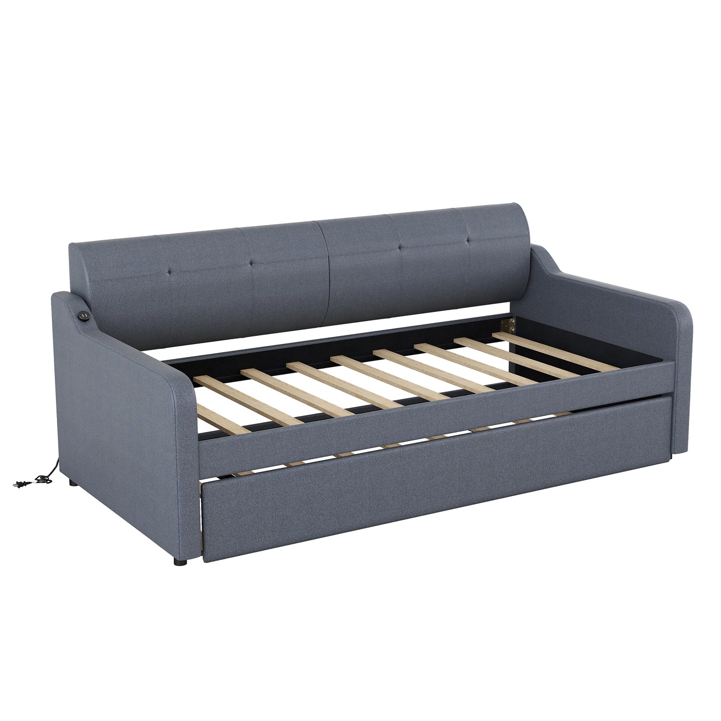 Twin Size Upholstery DayBed with Trundle and USB Charging Design,Trundle can be flat or erected,Gray