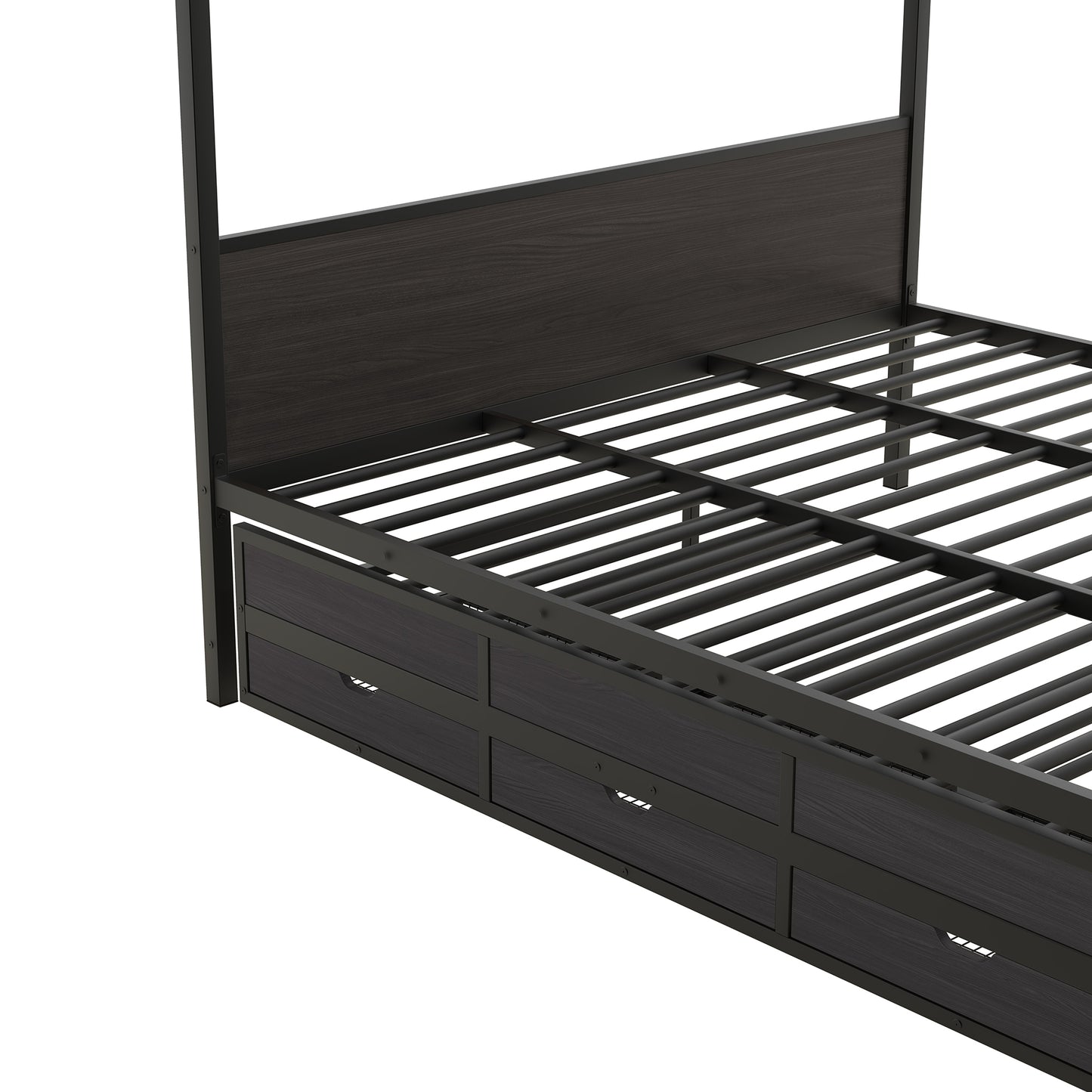Queen Size Metal Canopy Platform Bed with Twin Size Trundle and 3 Storage Drawers, Black