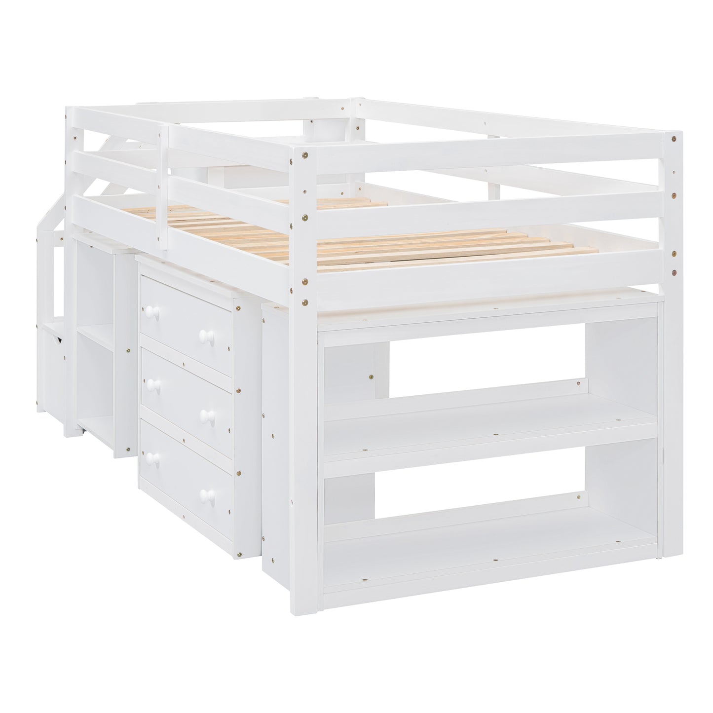 Twin Size Loft Bed with Retractable Writing Desk and 3 Drawers, Wooden Loft Bed with Storage Stairs and Shelves, White