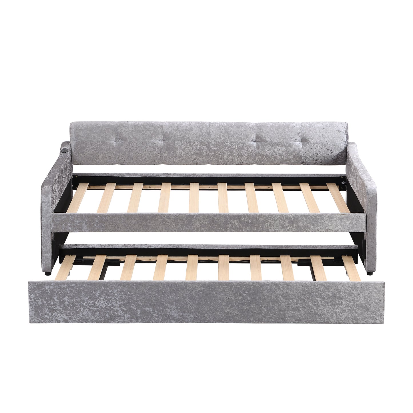 Twin Size Snowflake Velvet Daybed with Trundle and USB Charging Design,Gray