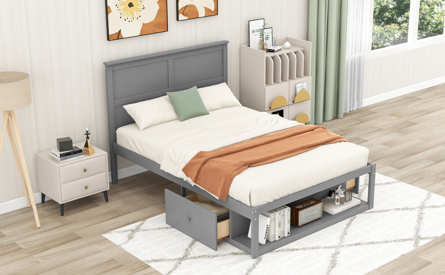 Full Size Platform Bed with Drawer on the Each Side and Shelf on the End of the Bed, Gray