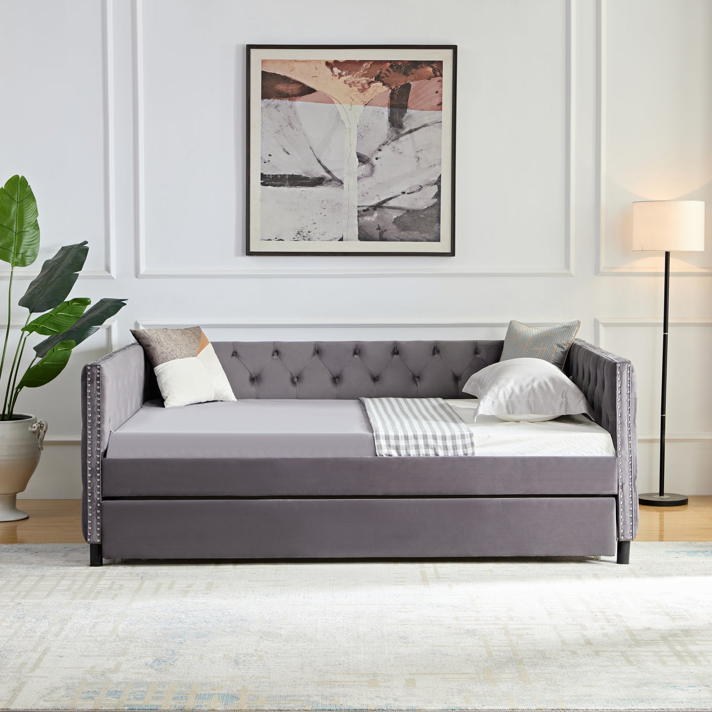 Full Size Velvet Gray Upholstered Daybed with Trundle, Button and Copper Nail on Square Arms