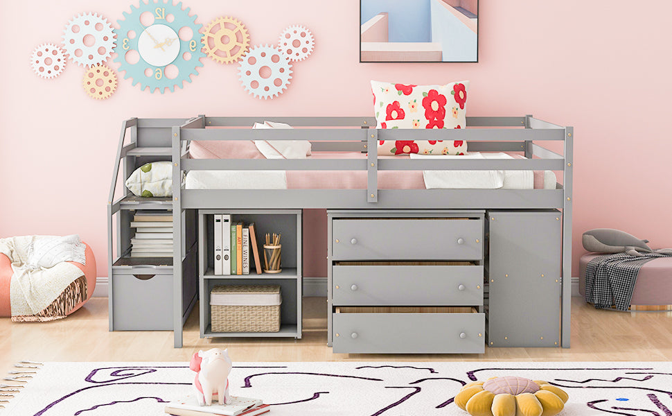 Full Size Loft Bed with Retractable Writing Desk and 3 Drawers, Wooden Loft Bed with Storage Stairs and Shelves, Gray