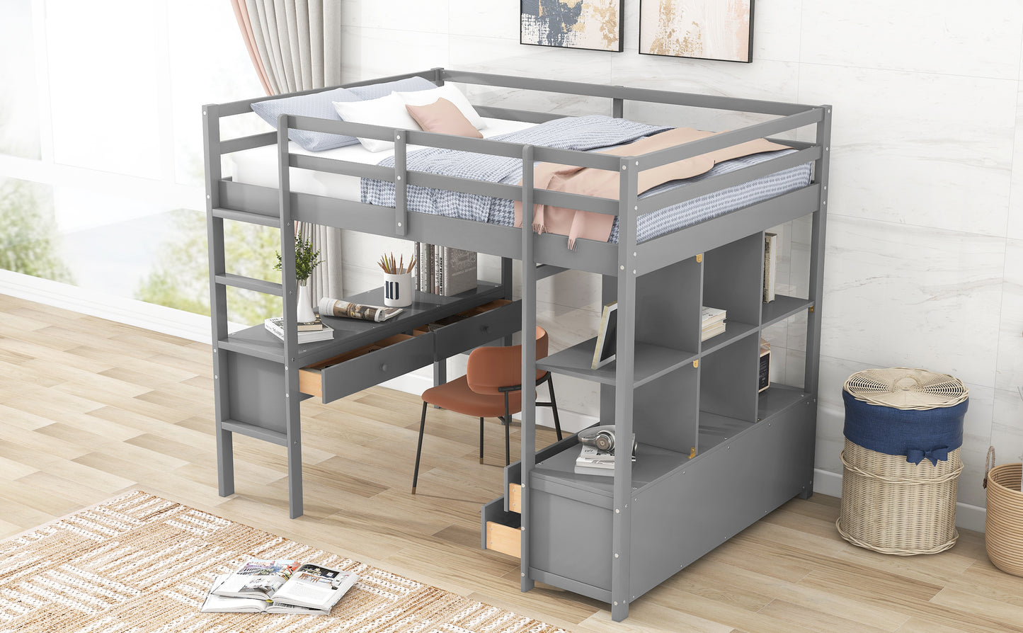 Full Size Loft Bed with Built-in Desk with Two Drawers, and Storage Shelves and Drawers,Gray