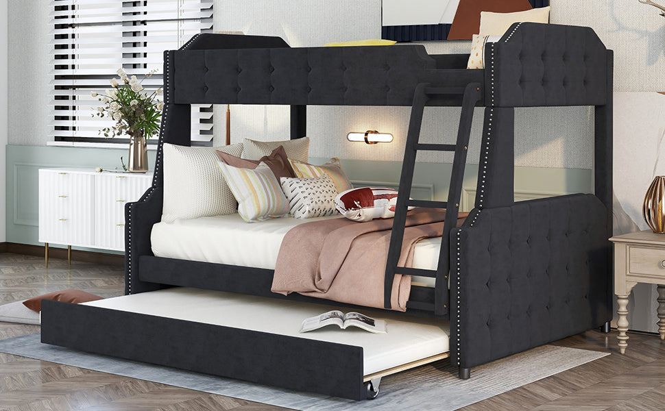 Twin over Full Upholstered Bunk Bed with Trundle and Ladder,Tufted Button Design,Black