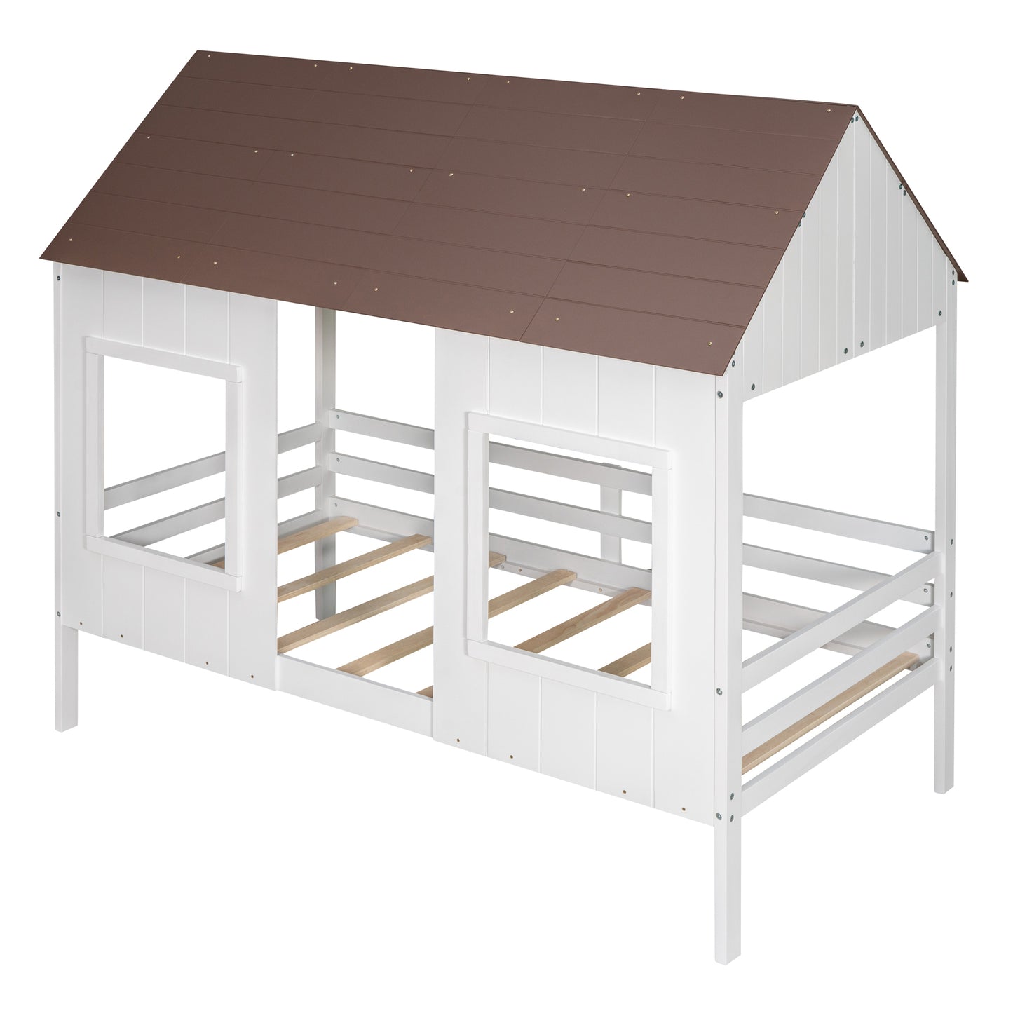 Twin Size Low Loft Wood House Bed with Two Front Windows, (White+Brown Roof)