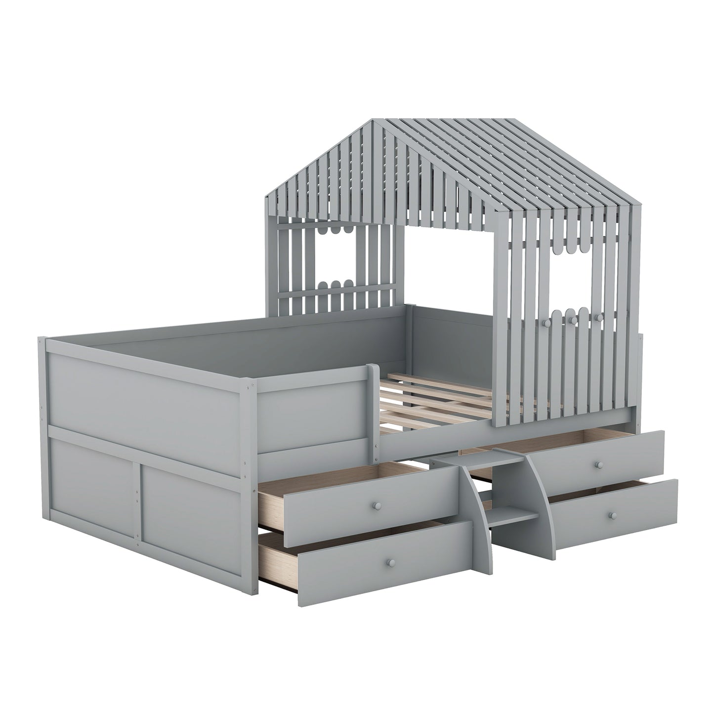 Full Size House Low Loft Bed with Four Drawers,Gray