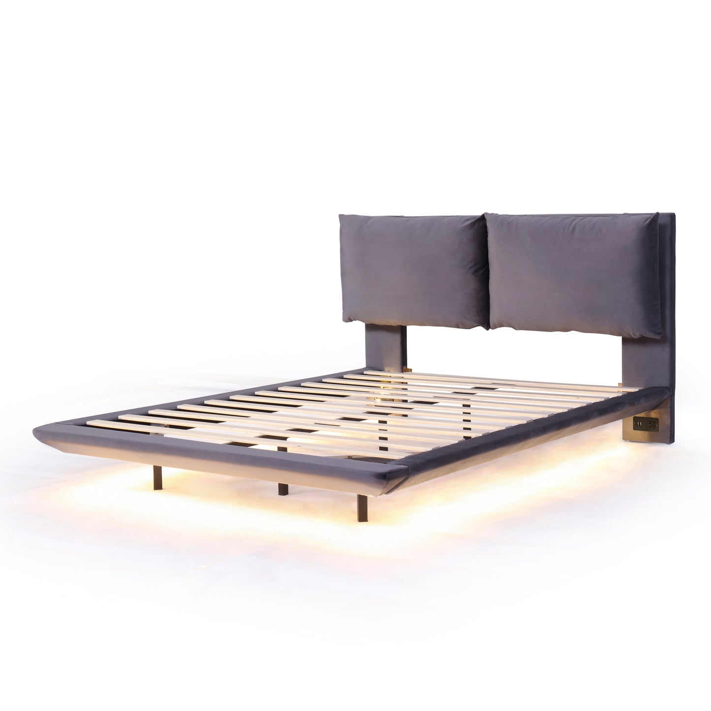 Queen Size Upholstered Platform Bed with Sensor Light and 2 Large Backrests, Stylish Platform Bed with 2 sets of USB Port and Socket on each rear Bed Leg, Gray