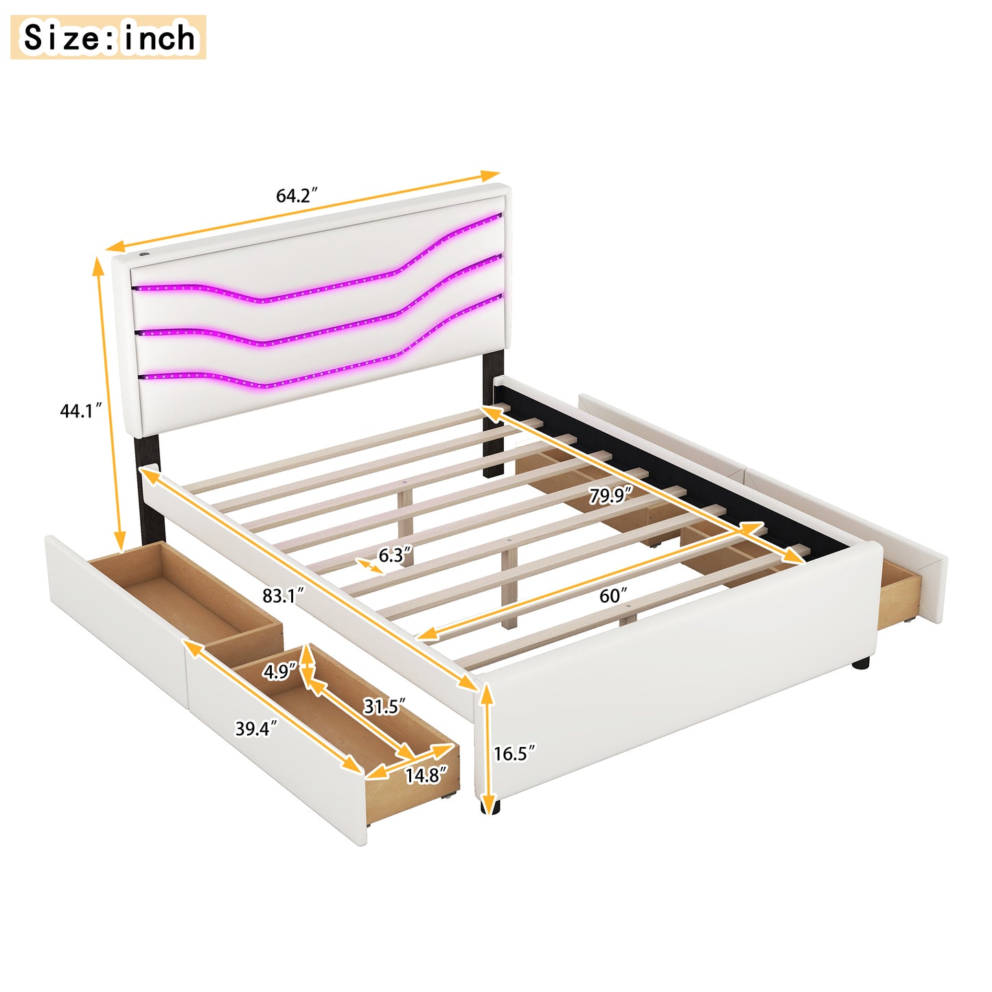 Queen Size Upholstered Storage Platform Bed with LED, 4 Drawers and USB Charging, White