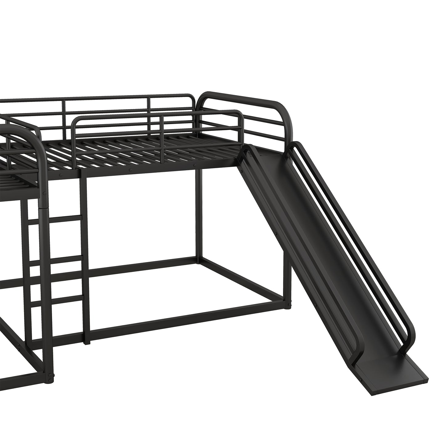 Full and Twin Size L-Shaped Bunk Bed with Slide and Short Ladder, Black