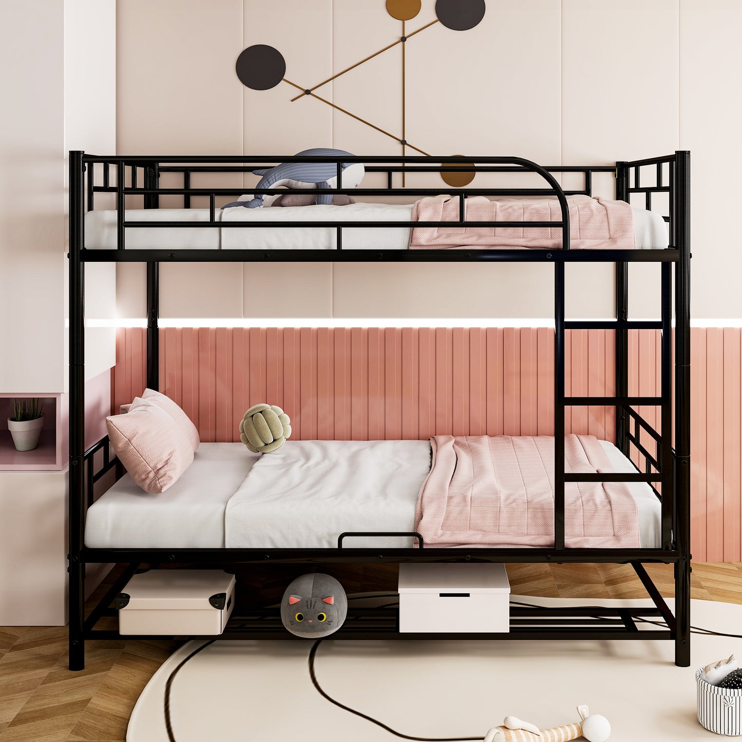 Twin Over Twin Metal Bunk Bed with Shelf and Guardrails, Black