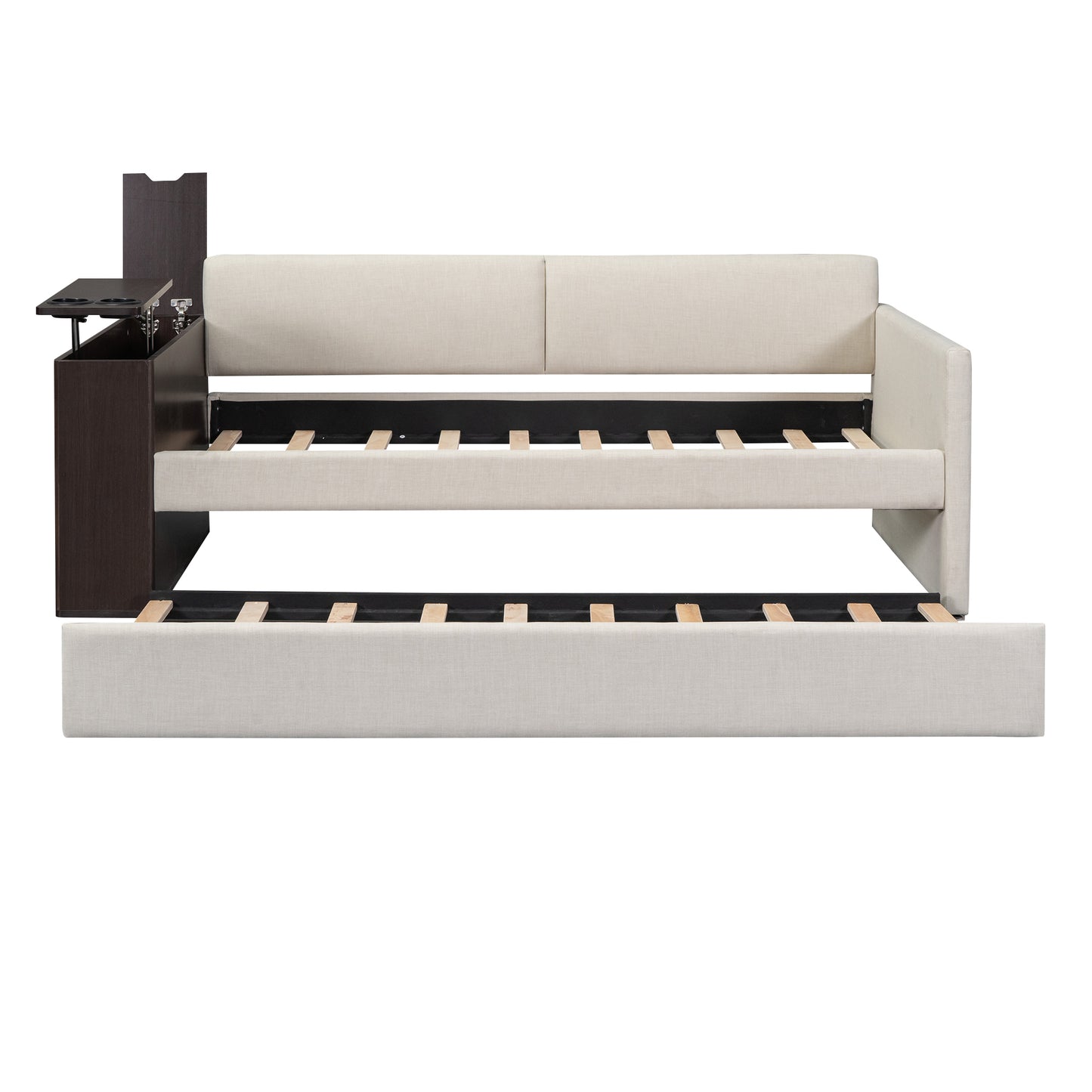 Twin Size Upholstery Daybed with Storage Arm, Trundle, Cup Holder and USB Design, Beige