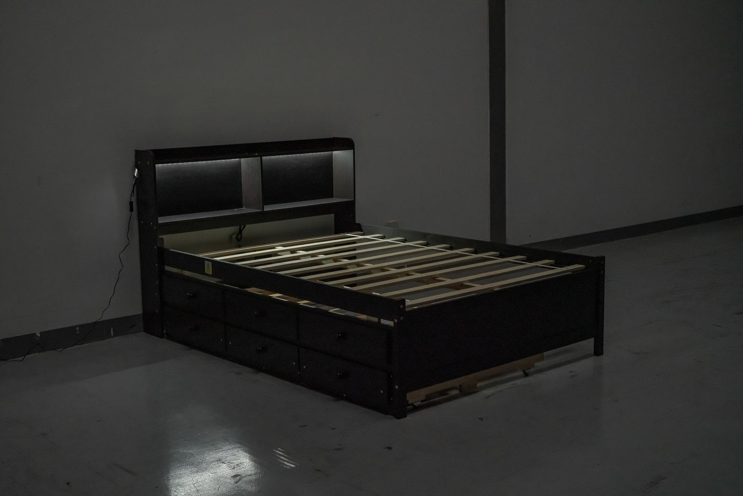Full Size Platform Bed with USB & Type-C Ports, LED light, Bookcase Headboard, Trundle and 3 Storage Drawers, Espresso