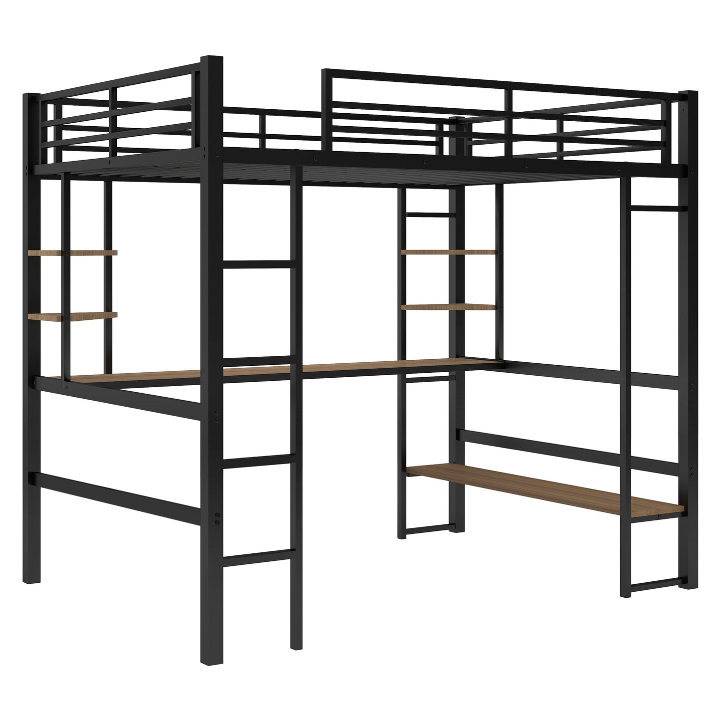 Full Size Loft Metal&MDF Bed with Long Desk and Shelves,Black