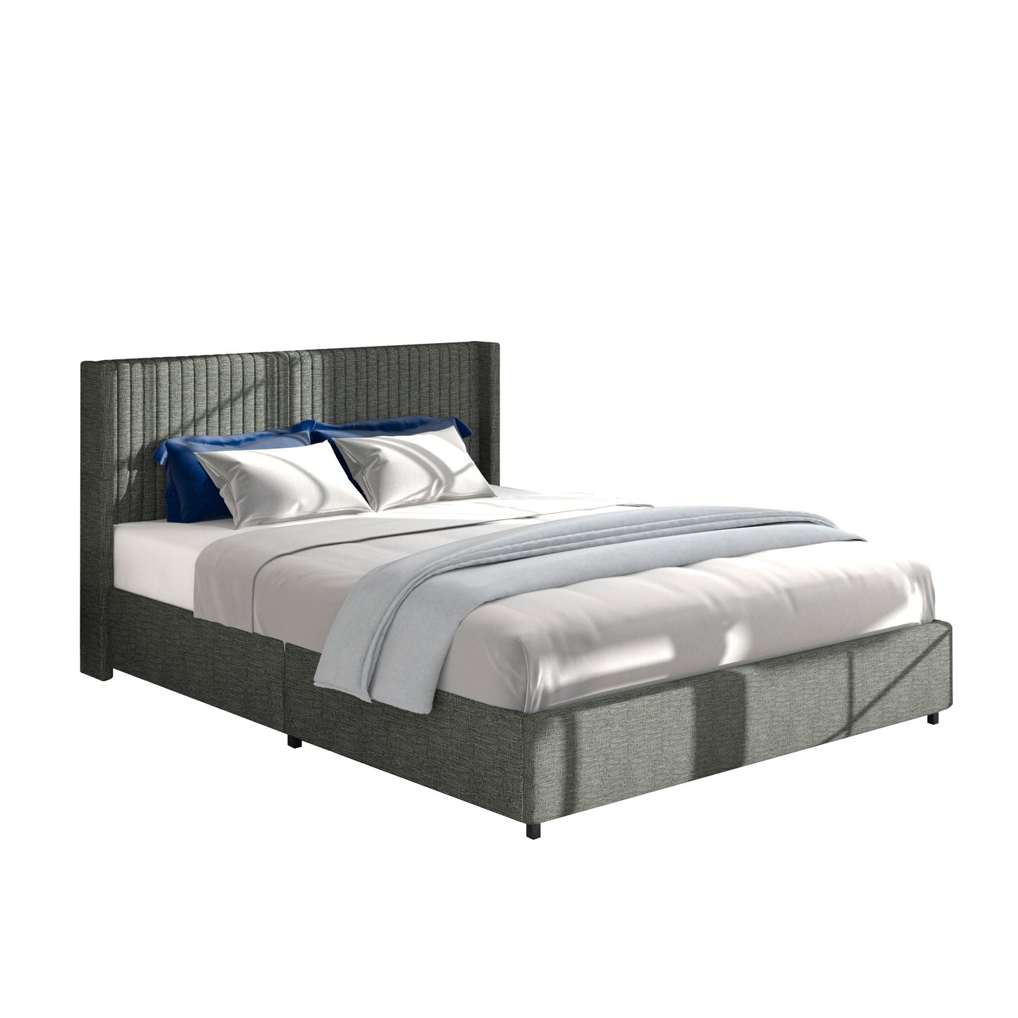 Anna Full Size Gray Velvet Upholstered Wingback Platform Bed with Patented 4 Drawers Storage, Modern Design Headboard with Tight Channel, Wooden Slat Mattress Support No Box Spring Needed