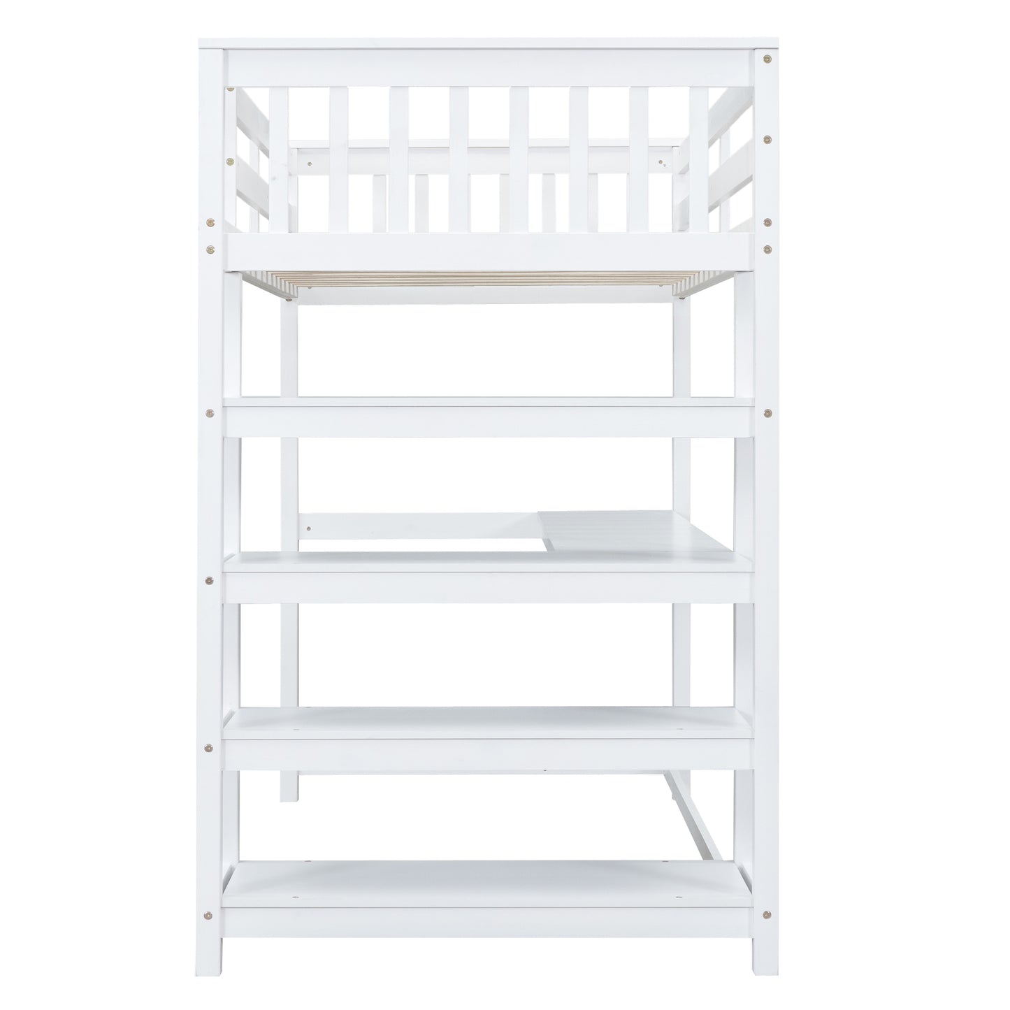 Twin Size Loft Bed with Storage Shelves and Under-bed Desk, White