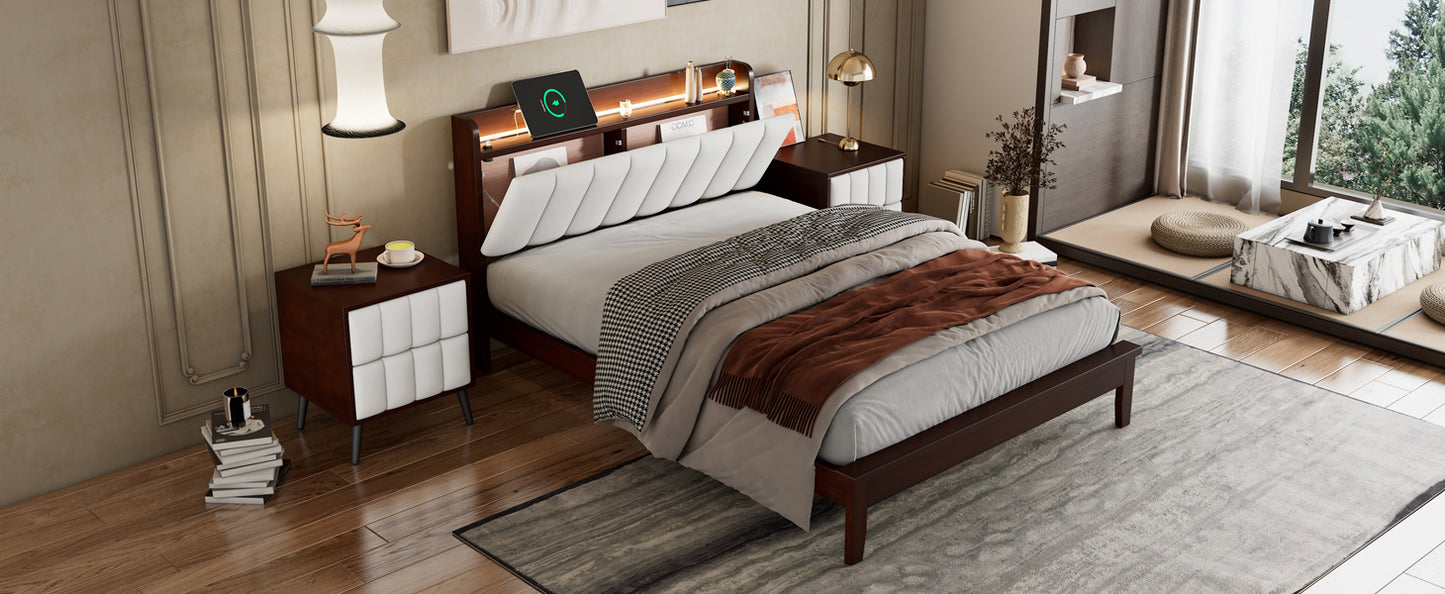Full size Platform Bed with USB Charging Station and Storage Upholstered Headboard,LED Bed Frame,No Box Spring Needed,Walnut+Beige