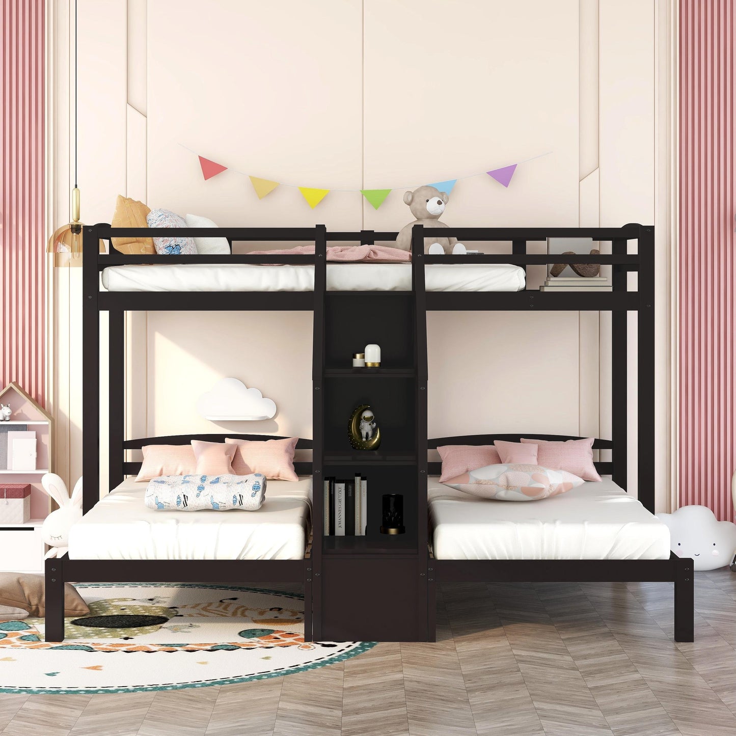 Twin over Twin & Twin Bunk Bed with Built-in Staircase and Storage Drawer,Espresso