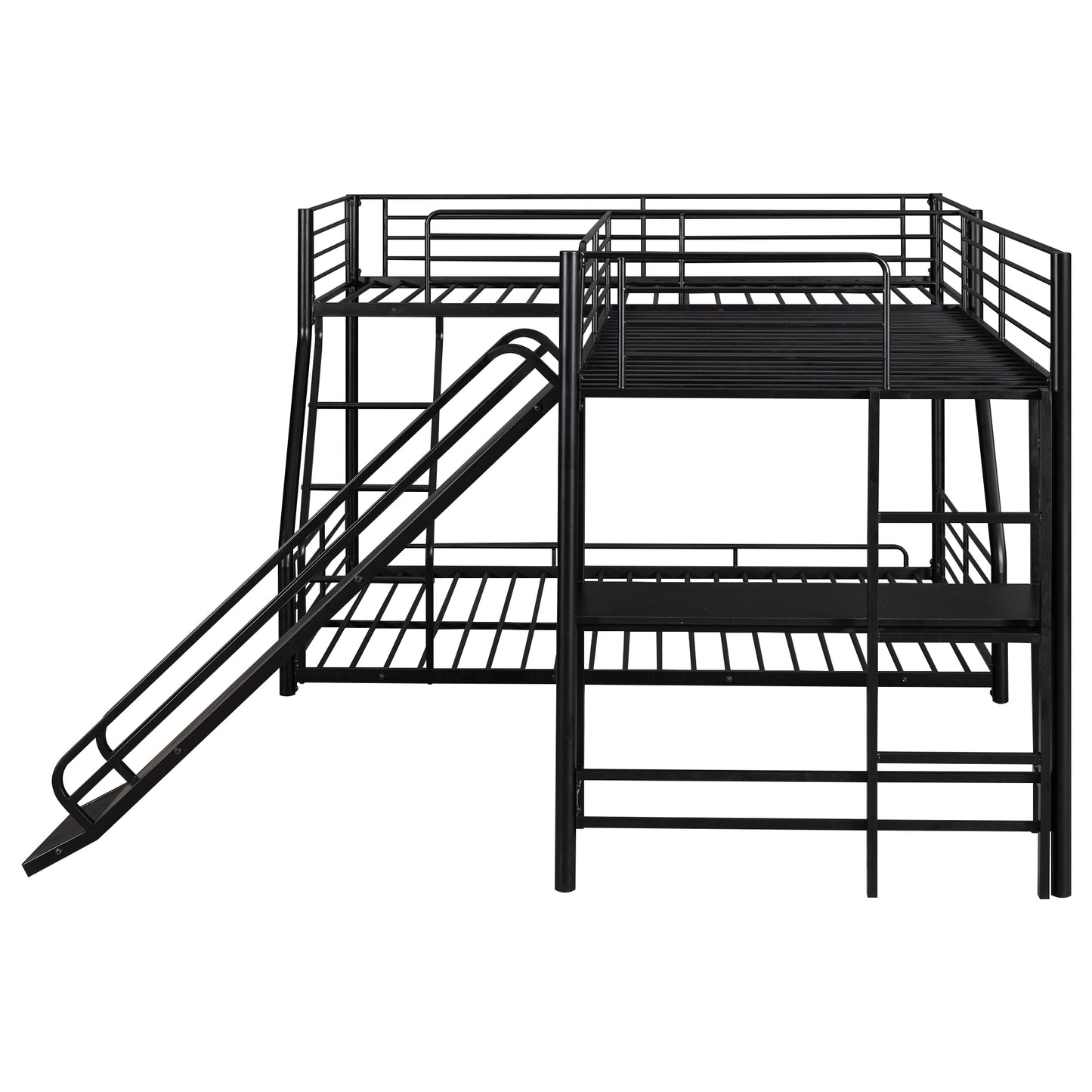 L-Shaped Twin over Full Bunk Bed with Twin Size Loft Bed,Built-in Desk and Slide,Black