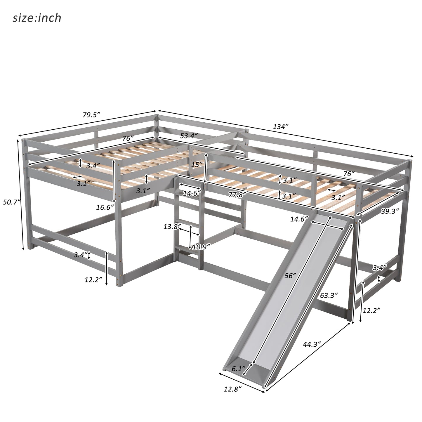 Full and Twin Size L-Shaped Bunk Bed with Slide and Short Ladder,Gray