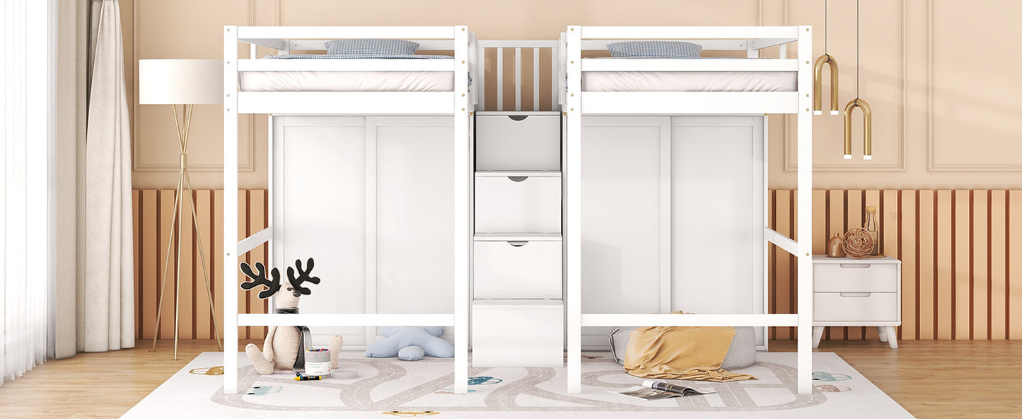 Double Twin Loft Beds with Wardrobes and Staircase, White