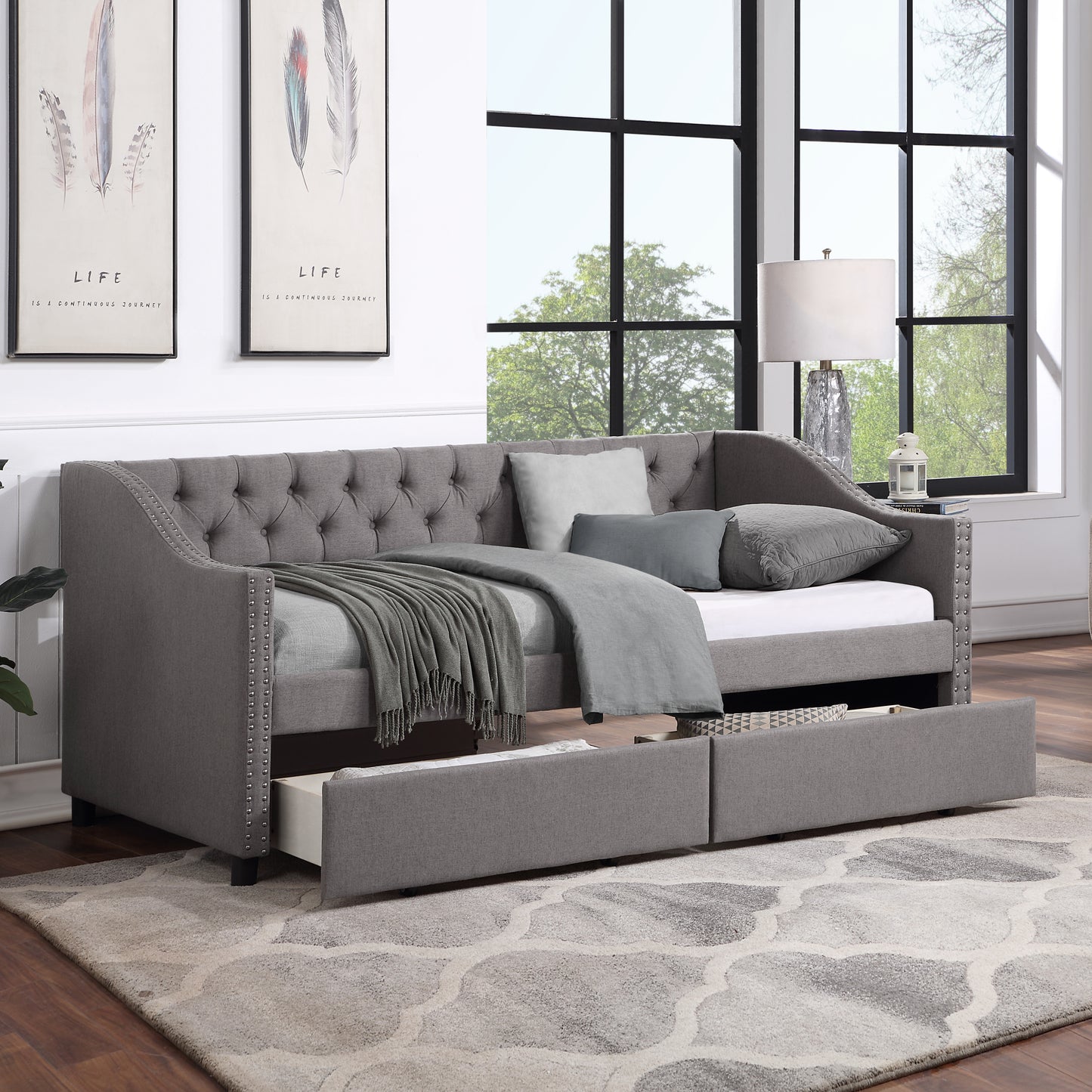 Upholstered Twin Size daybed with Two Drawers, Wood Slat Support, Gray