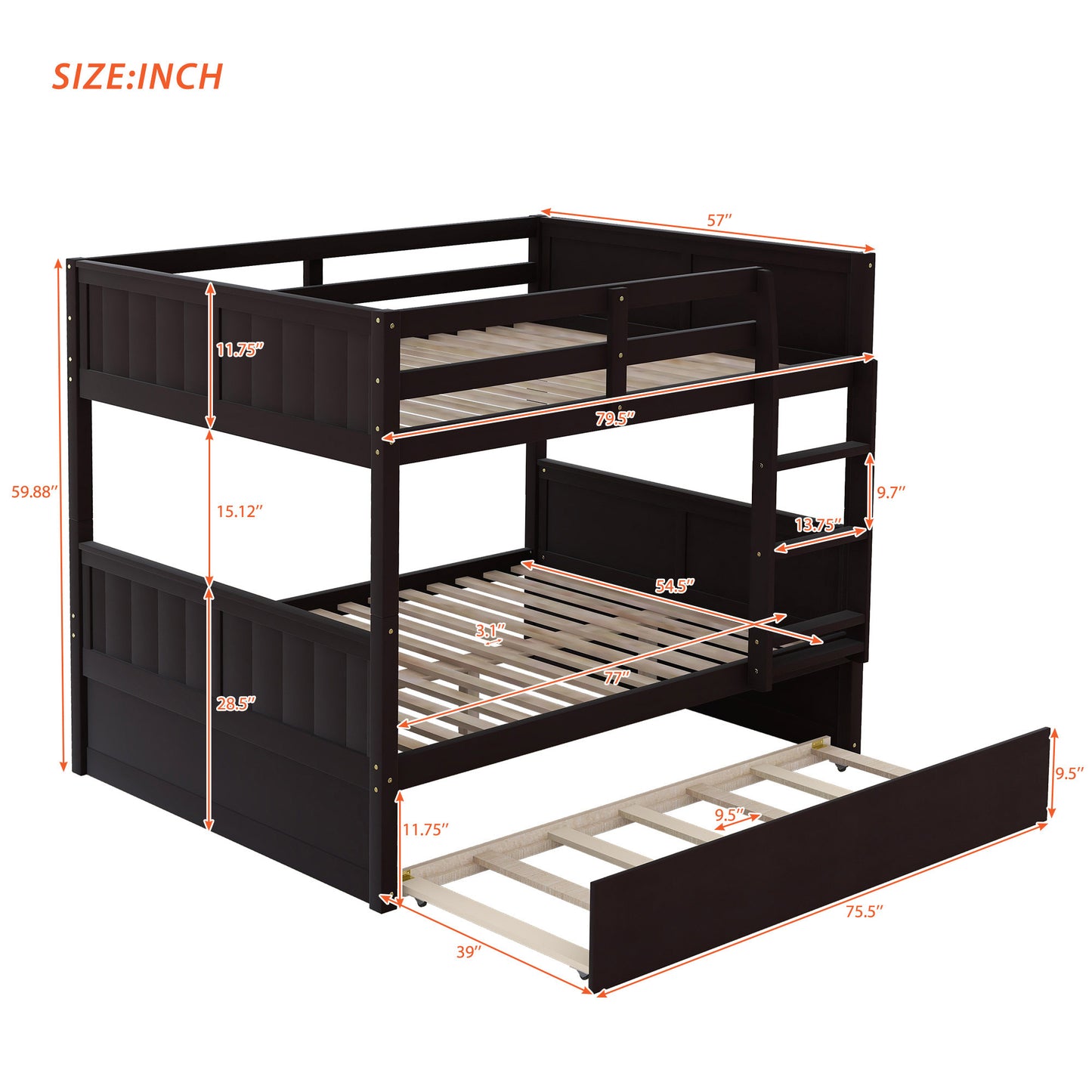 Full Over Full Bunk Bed with Twin Size Trundle, Espresso