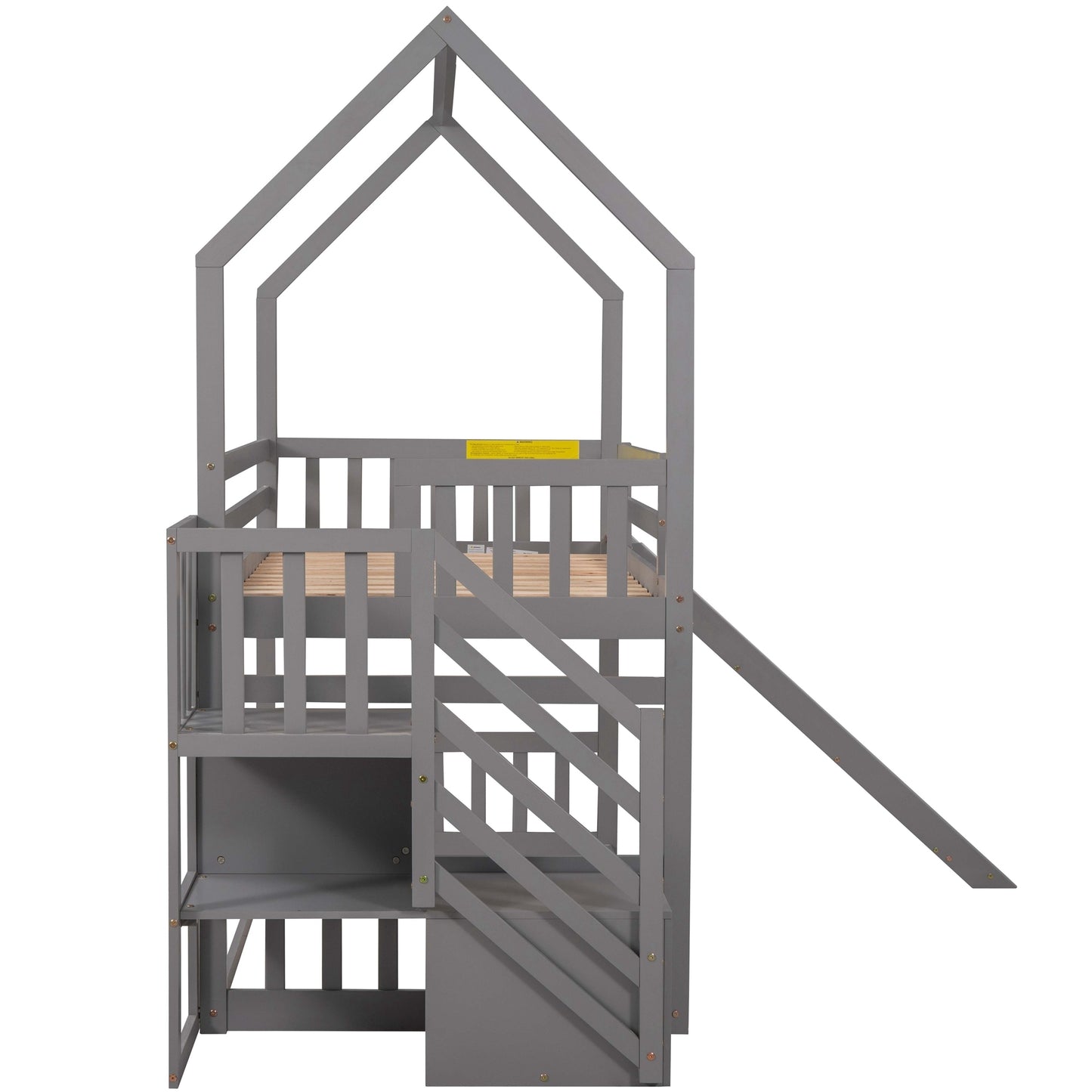 Twin over Twin House Bunk Bed with Convertible Slide,Storage Staircase can be Placed Left or Right,Gray