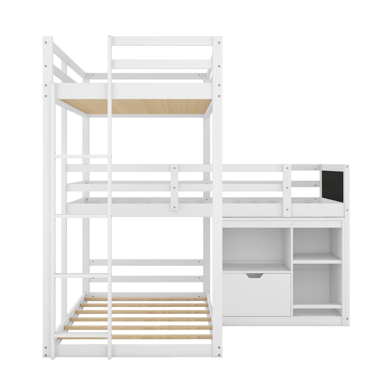 L-shaped Wood Triple Twin Size Bunk Bed with Storage Cabinet and Blackboard, Ladder, White