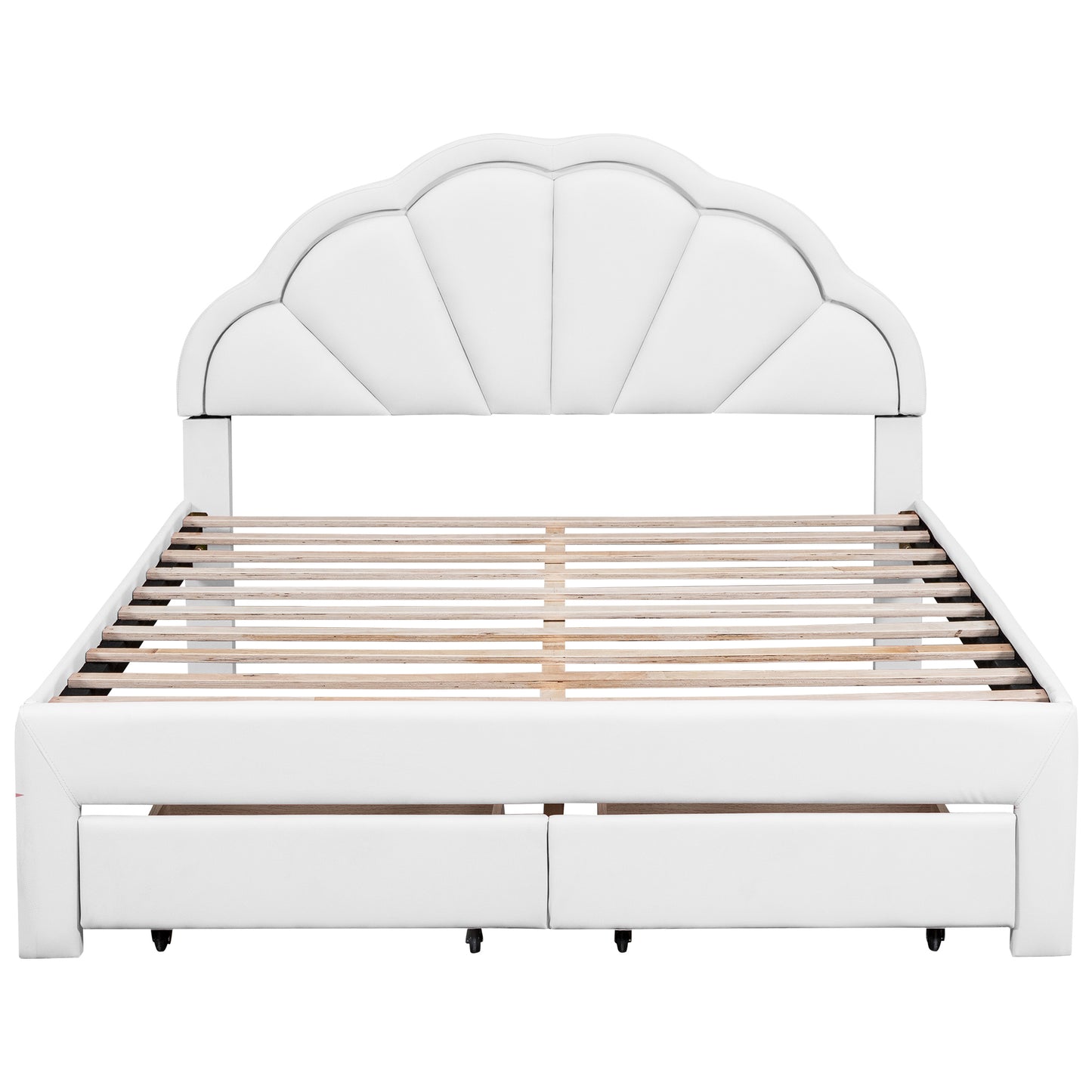 Queen Size Upholstered Platform Bed with Seashell Shaped Headboard, LED and 2 Drawers, White