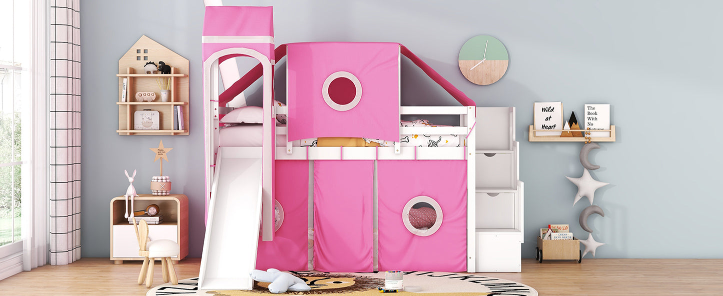 Twin Size Loft Bed with Tent and Tower - Pink